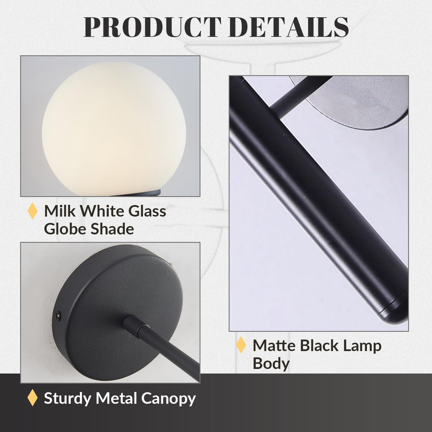 KCO Lighting Black Mid Century Modern Wall Sconce Vintage White Milk Glass Wall Sconce Globe Wall Light Bathroom Wall Light Fixture Bedroom Wall