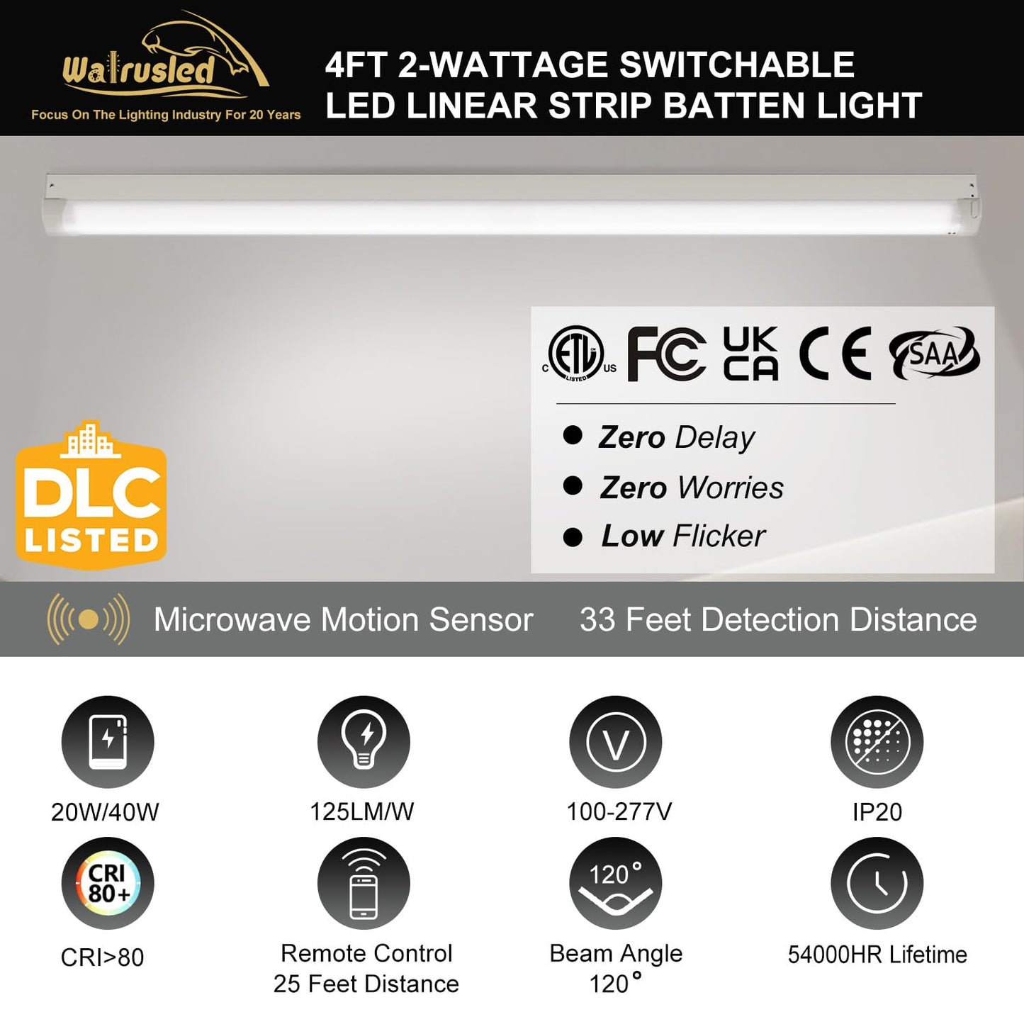2 Pack 4FT Tri-Level Motion Sensor LED Linear Strip Stairwell Light with Remote, 20W/40W 2500lm/5000lm 5000K, IP20, 100-277V, Dimmable 4 Foot