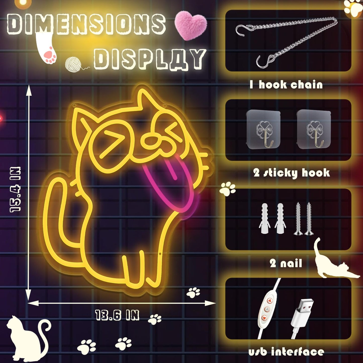 MelbDfei Cute Dimmable Neon Light Cat Wall Light with Heart Paw for Bedroom, Wall Decor, Gifts for Girls, Kids Room, or Cat Lovers (Tongue Out Cat)