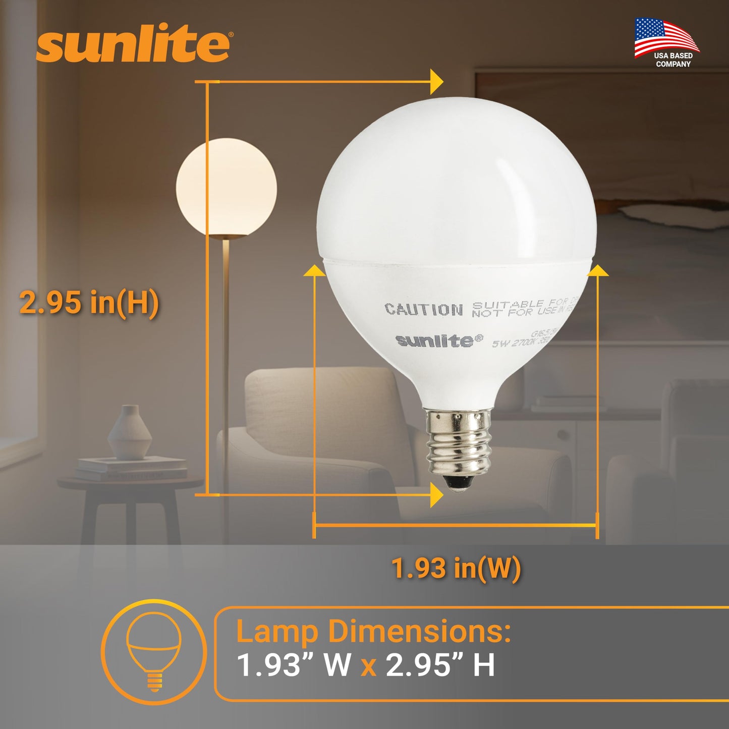 Sunlite LED G16.5 Light Bulb, 5 Watts (40W Equivalent), 350 Lumens, 90 CRI, Candelabra Base (E12), Frost, Dimmable, Title-20 Compliant, ETL Listed