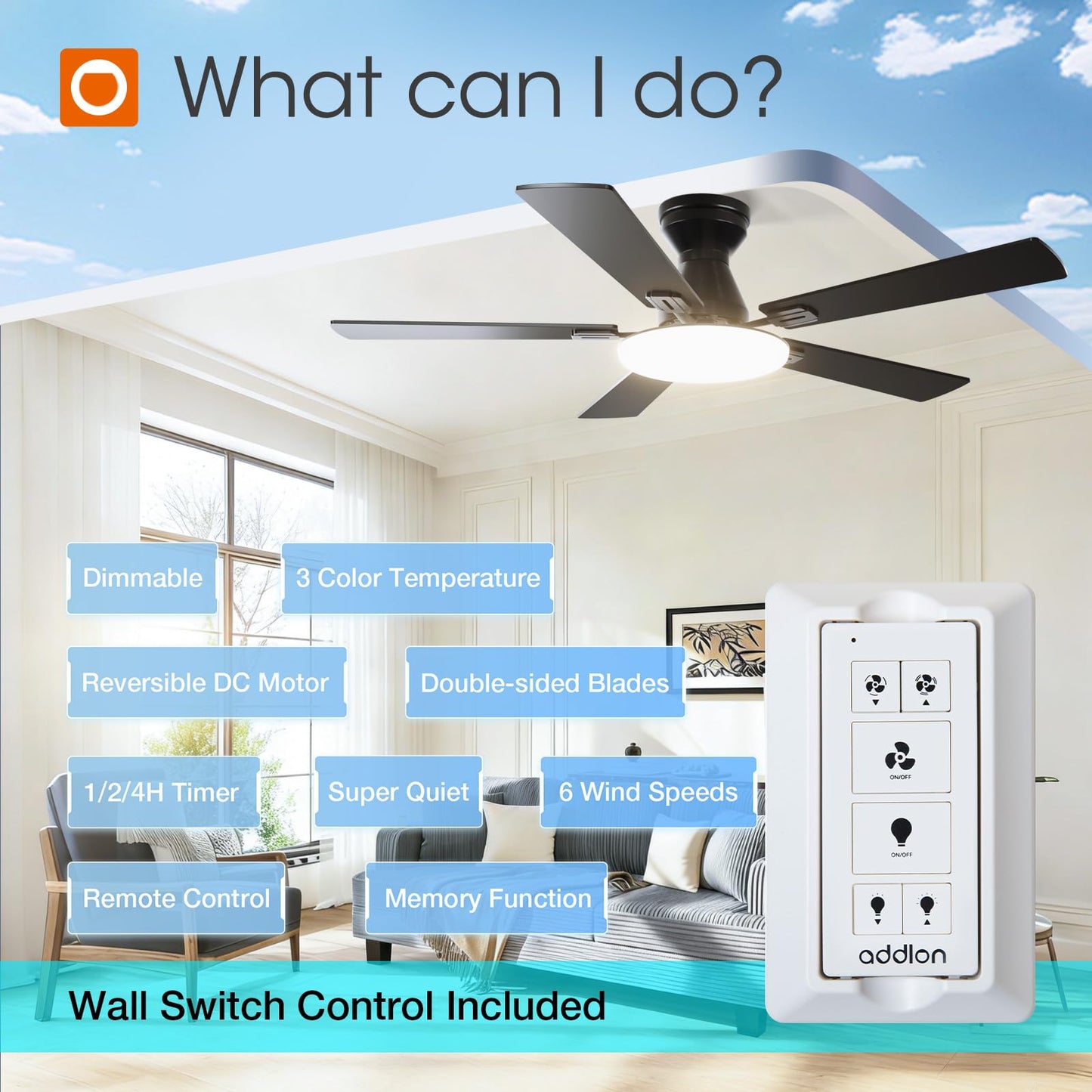 addlon 52 Inch Ceiling Fans with Lights and Remote, Wall Remote, Black