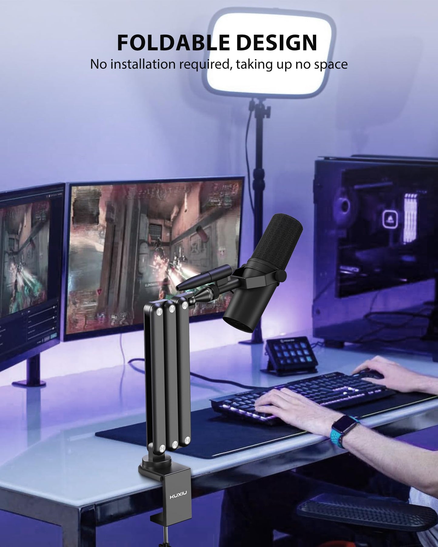 KU XIU Aluminum Alloy Boom Arm Microphone Stand for Desk, Three-Section Adjustable Mic Arm Mount with Cable Management Channels for Desktop