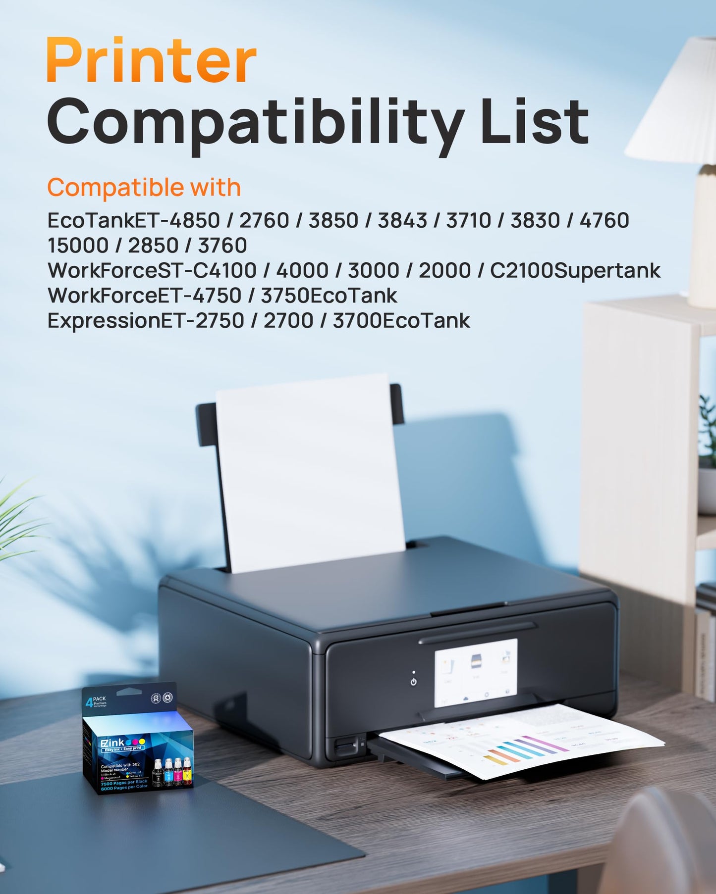 E-Z Ink Refill Ink Bottle Replacement Compatible for 502 Ink Refill Bottles High Capacity for Epson Printer ET-3850 ET-2850 ET-4850 ET-2800 ET-2760
