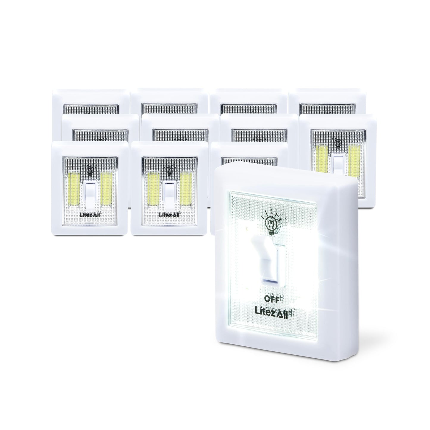 LitezAll COB LED Light Switch Night Light, 12-Pack 200 Lumen Wireless Battery Operated Wall Lights, Stick-On Switch Lights for Closets, Cabinets