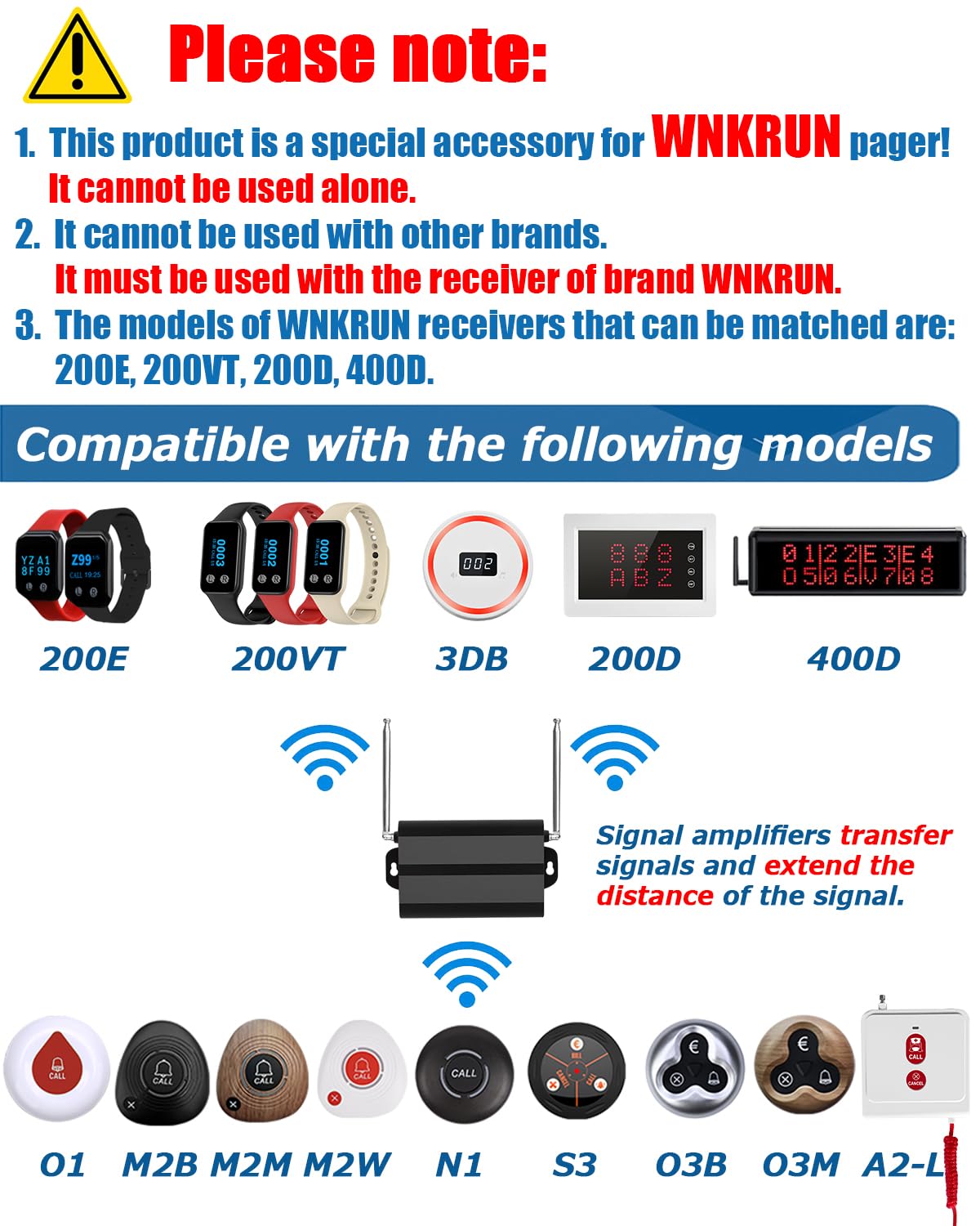 Signal Amplifier Repeater to Extend Signal Range for WNKRUN Pager System (Only be Used with WNKRUN Brand Products)