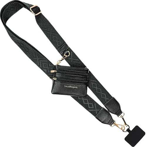 Save the Girls Original Clip and Go Phone Strap Pattern (Classic - Black) - Crossbody Phone Strap Chain with Zipper Wallet Pouch - Phone Lanyard