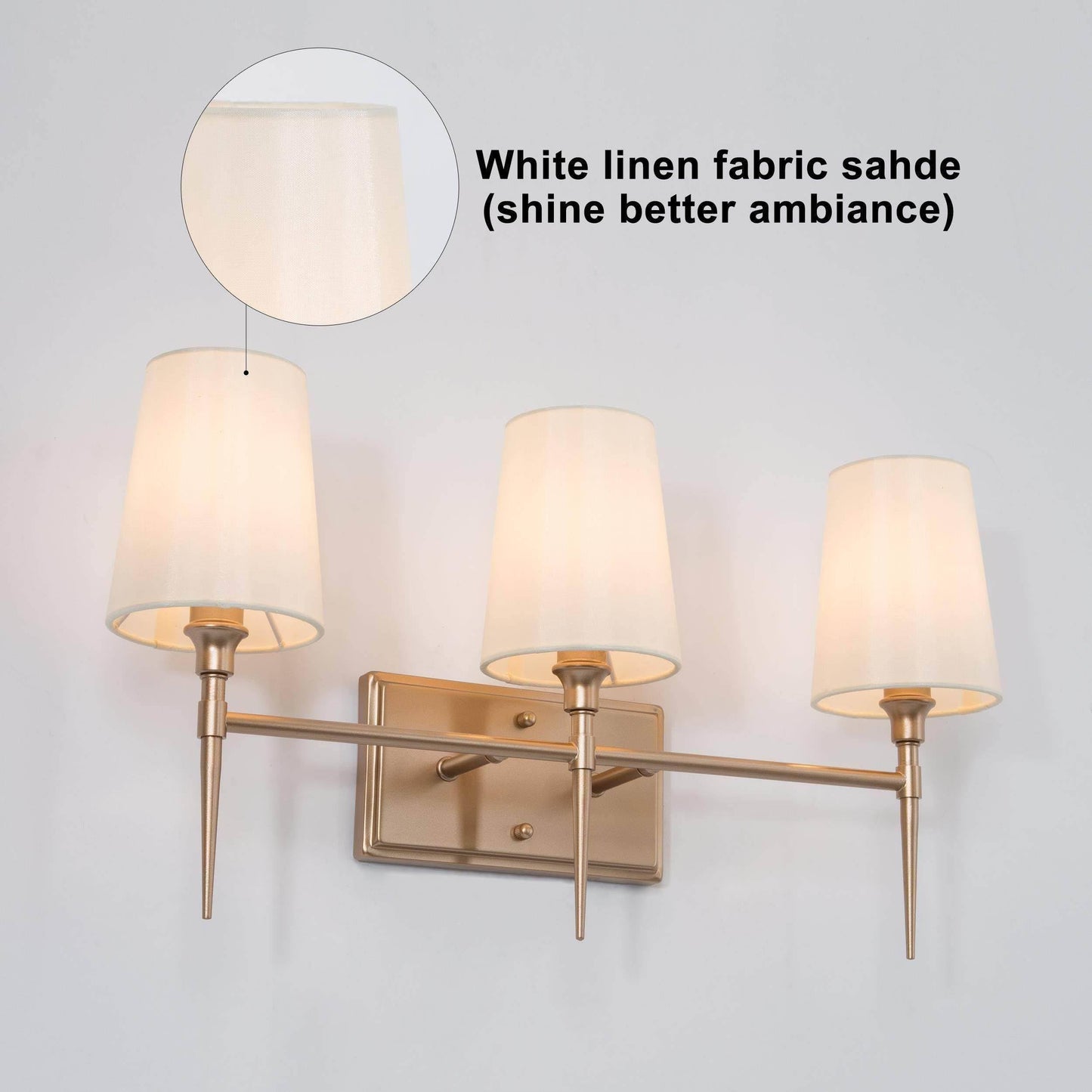 GEPOW Bathroom Wall Light Fixtures, 3-Light Gold Vanity Light with White Fabric Shade, Modern Wall Lamp Over Mirror for Hallway, Bedroom, Kitchen