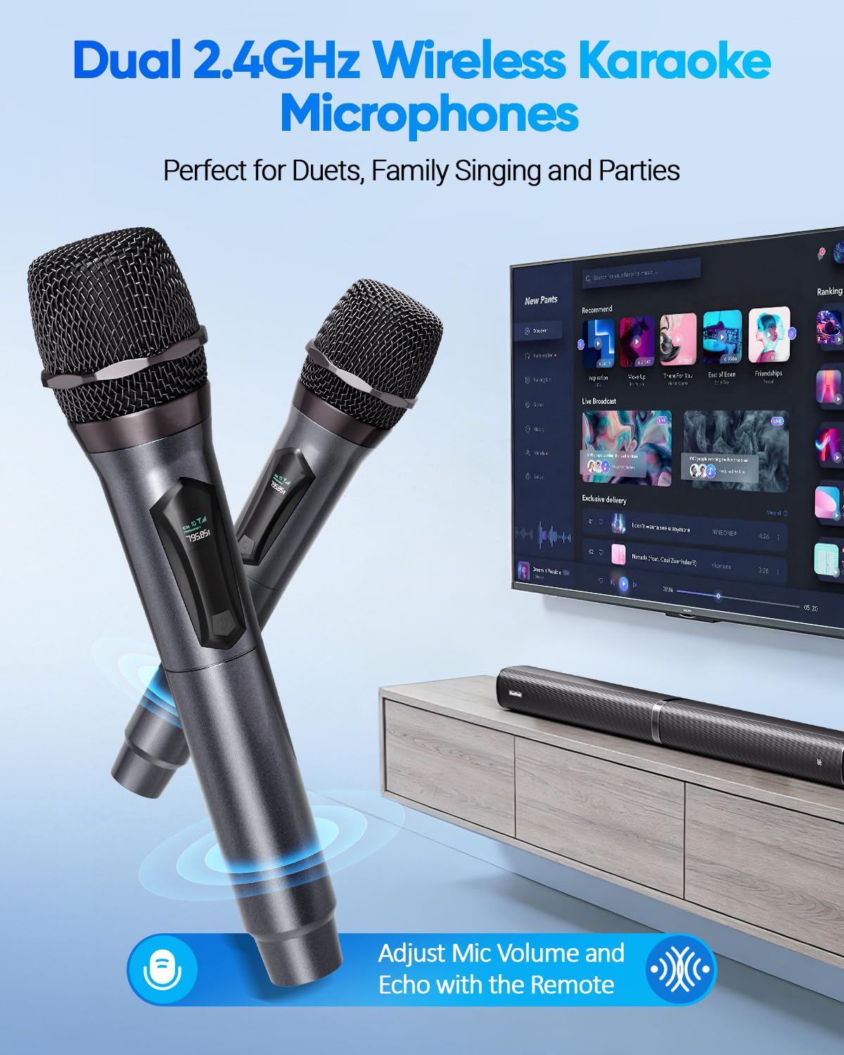 Soundbar with Subwoofer for TV, Home Theater Bluetooth 5.3 Speaker System with 2 Wireless Karaoke Mics, Surround Sound Audio with HDMI ARC, Optical