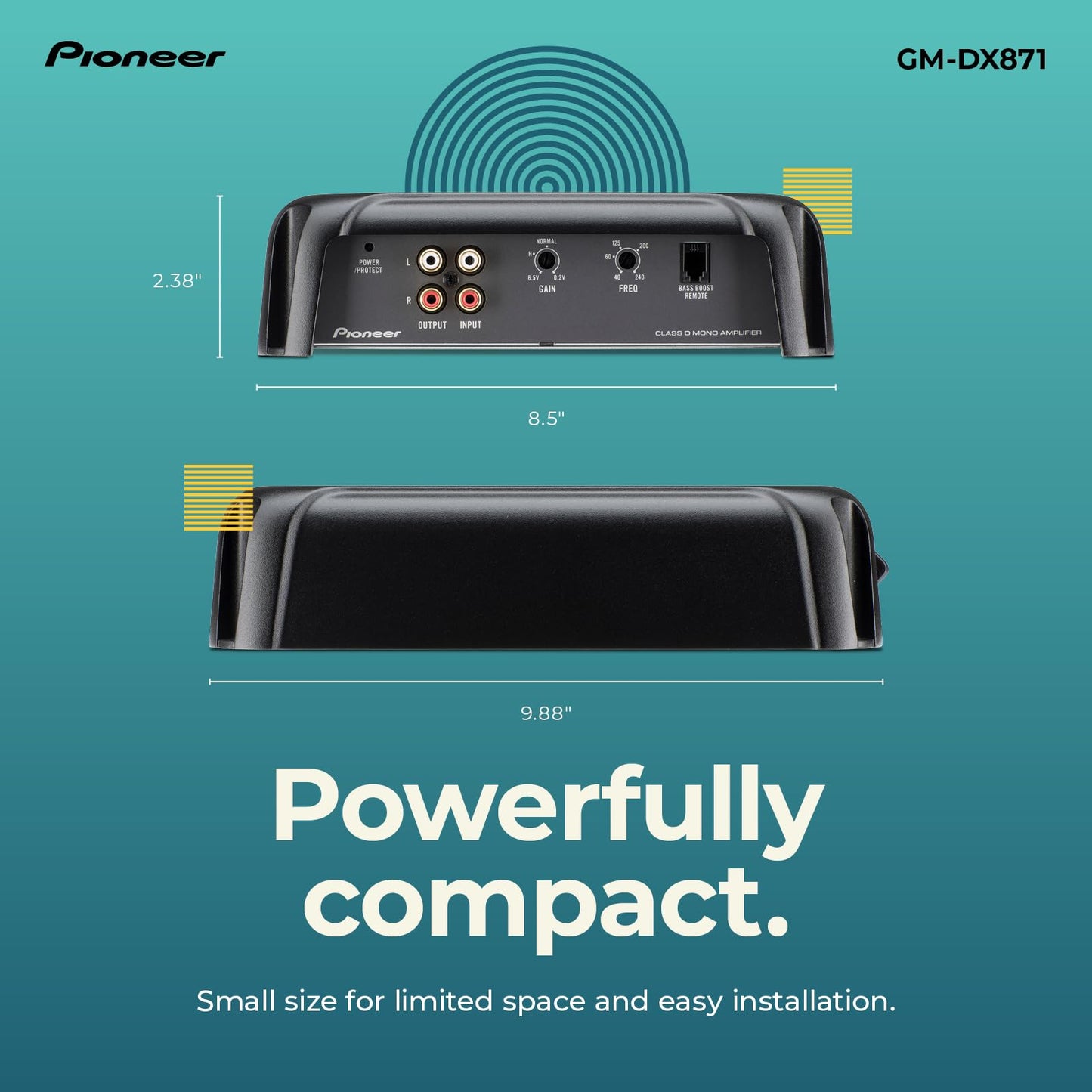Pioneer GM-DX871 - Powerhouse Amplifier with 1,600 Watts, Class-D Technology, 1-Channel, Variable Low-Pass Filter, Compact Design, and Remote Bass