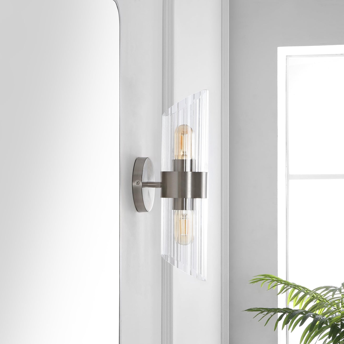 SAFAVIEH Lighting Collection Eytan Clear Glass/Nickle Vertical Wall Sconce Set of 2 Light Fixture, Ideal for Bathroom, Entryway, Vanity, Foyer