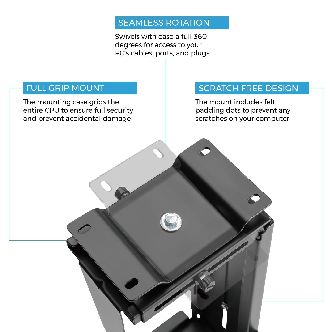 HumanCentric Adjustable Under Desk Computer Mount and Wall Mount, CPU Holder Fits Most PC or Computer Cases, Adjustable Height and Width, Full 360