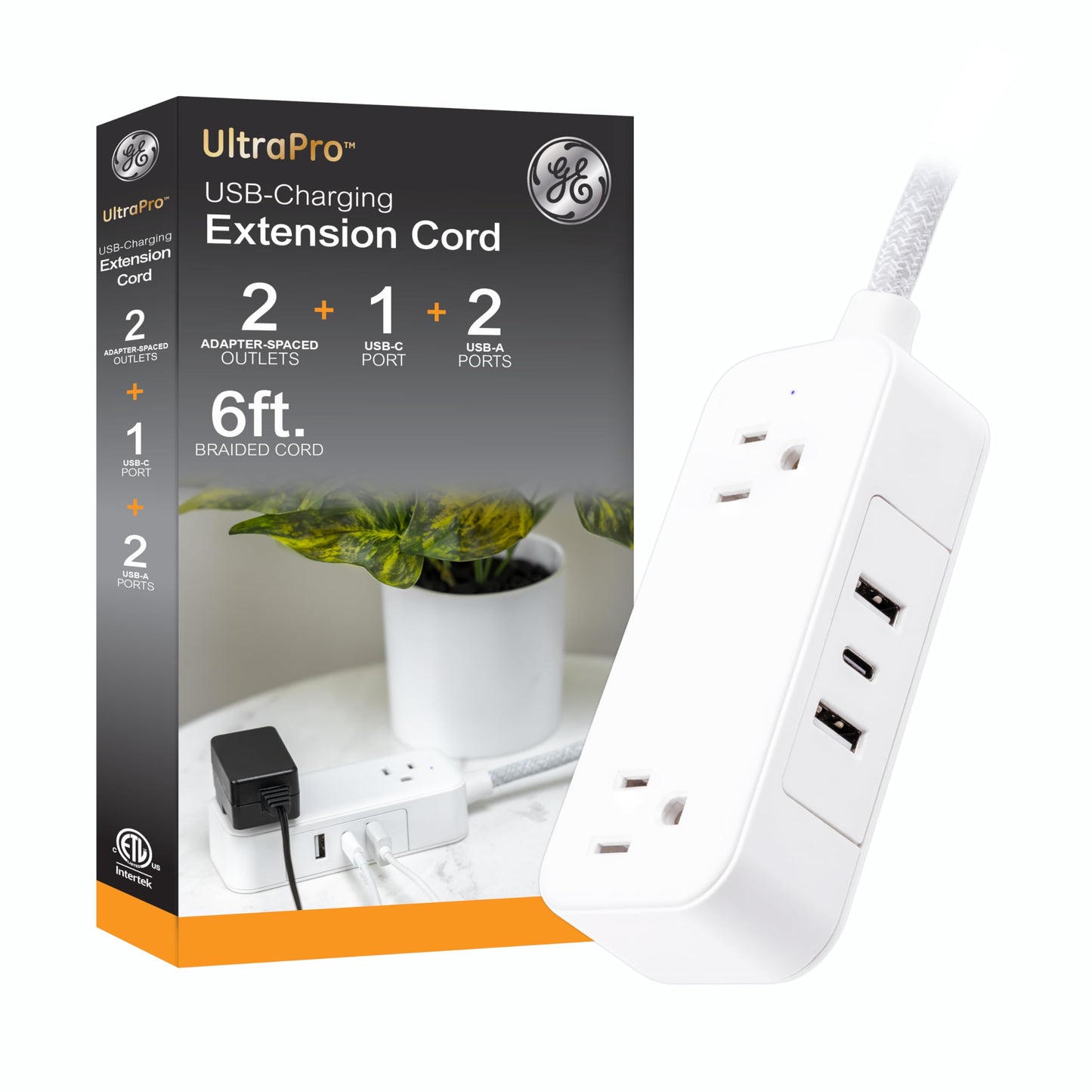 GE Flat Plug Power Strip Extension Cord with USB Ports, Travel Power Strip with 2 Outlets 3 USB Ports, Cruise Ship Essentials, 6 Ft Braided Small