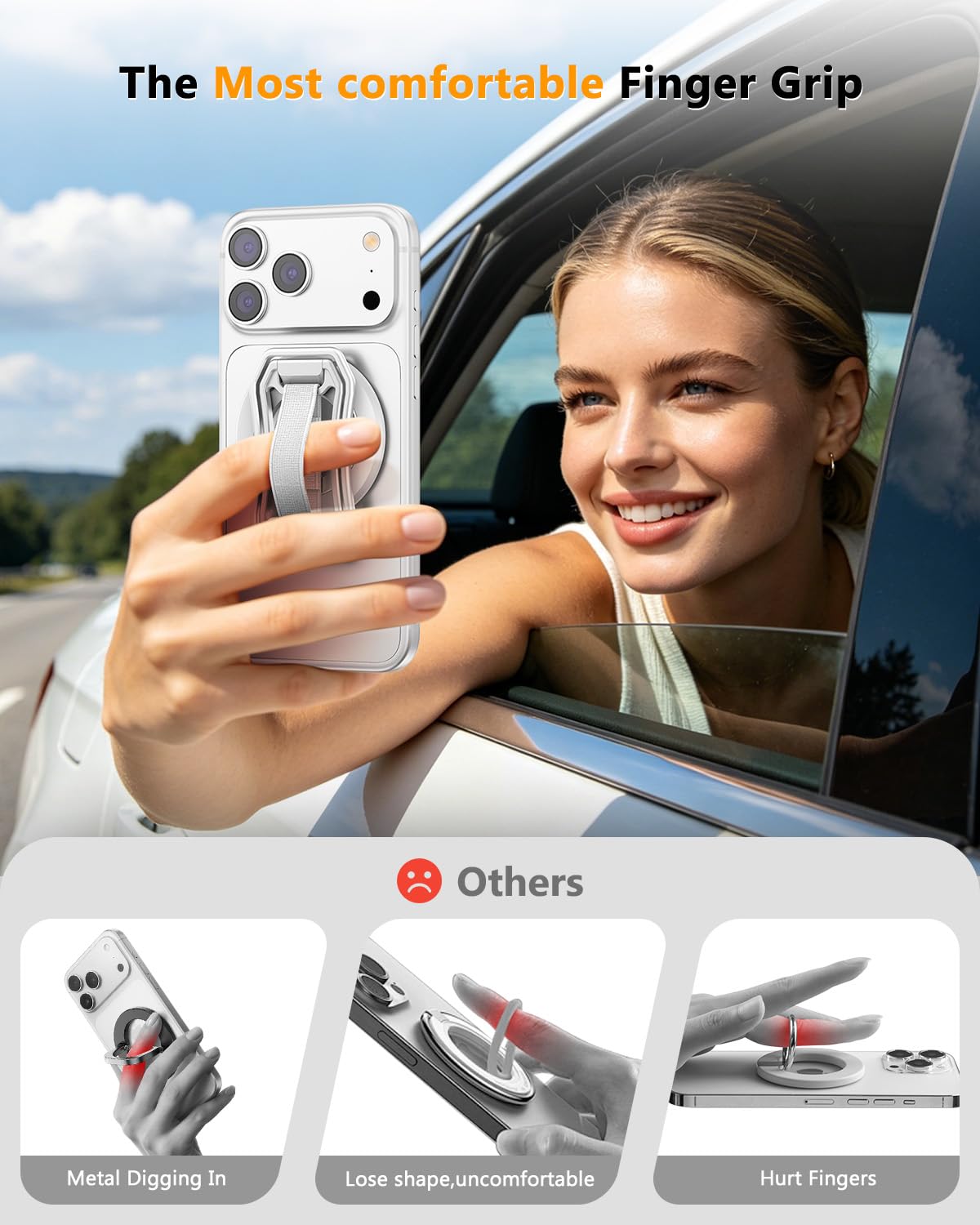 for Magsafe Phone Grip, 6-in-1 Magnetic Phone Holder for Magsafe Kickstand, 360° Rotation Phone Ring Holder with Elastic Strap, Compatible with iPhone