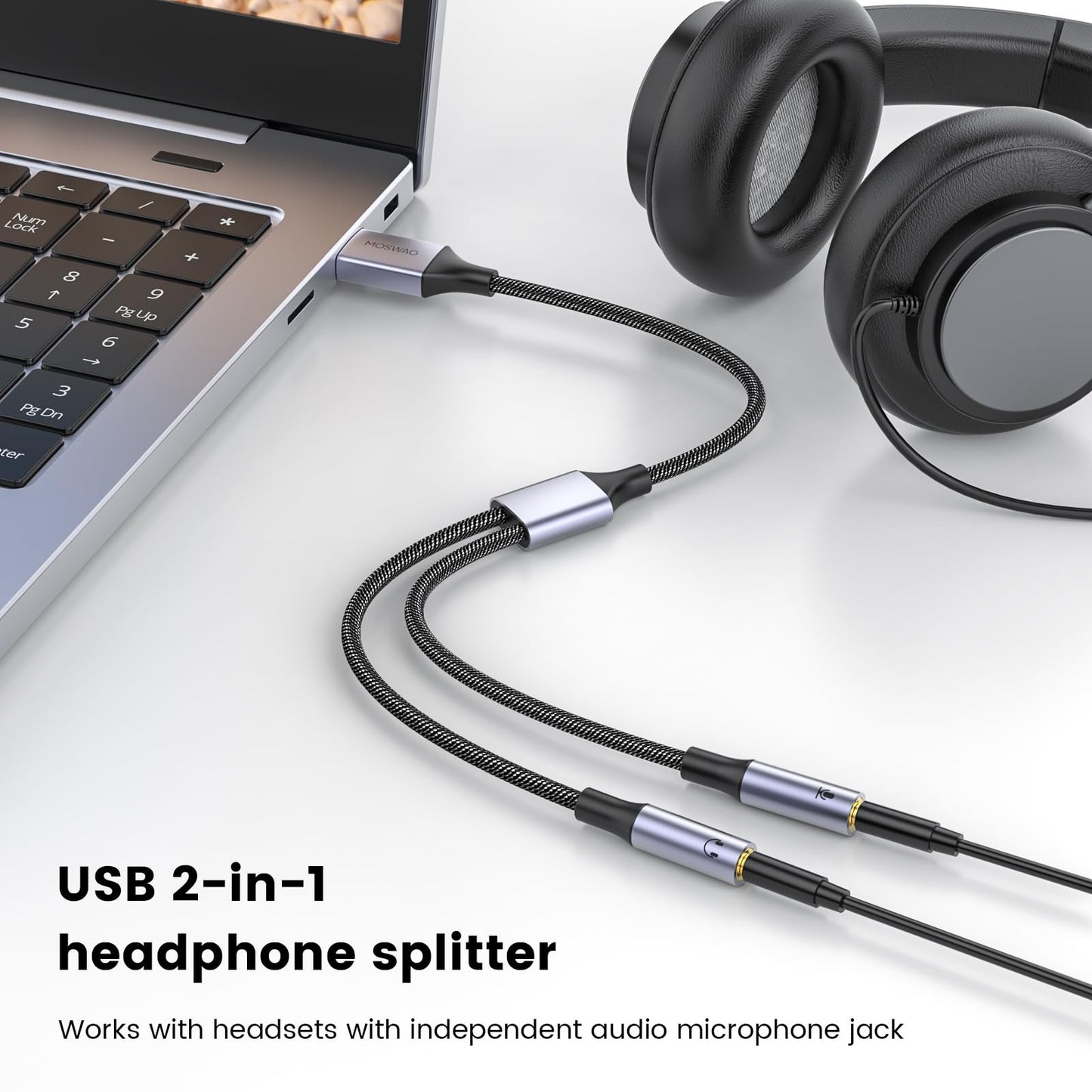 MOSWAG USB Audio Adapter External Sound Card Stereo Cable with Dual TRS 3-Pole 3.5mm Headphone and Microphone Jacks USB to Dual 3.5mm Audio Jack