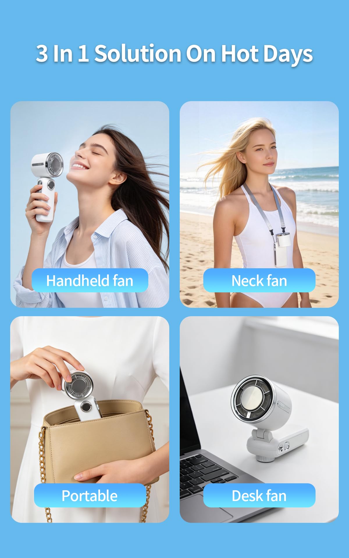 3-in-1 Foldable Neck Handheld Fan, Semiconductor Refrigeration Fan, 100 Speed Adjustable, 3600mAh Rechargeable Fan 12H Runtime, 9M/S Cooling Fan