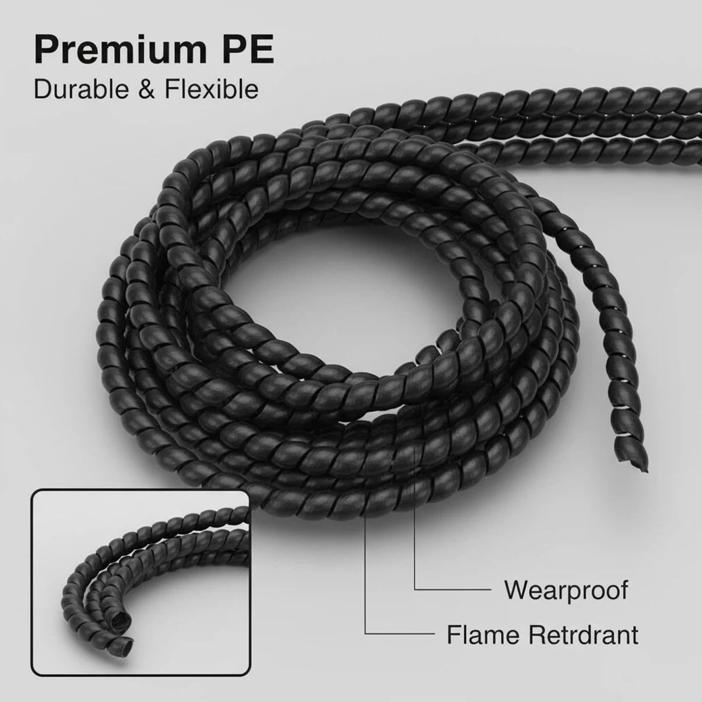9.84ft Flexible Spiral Cable Wrap, 8mm x 10mm Spiral Wire Wrap, Black PE Cord Spiral Wrap Cable Protector 3 Meters Length Wire Manage for TV