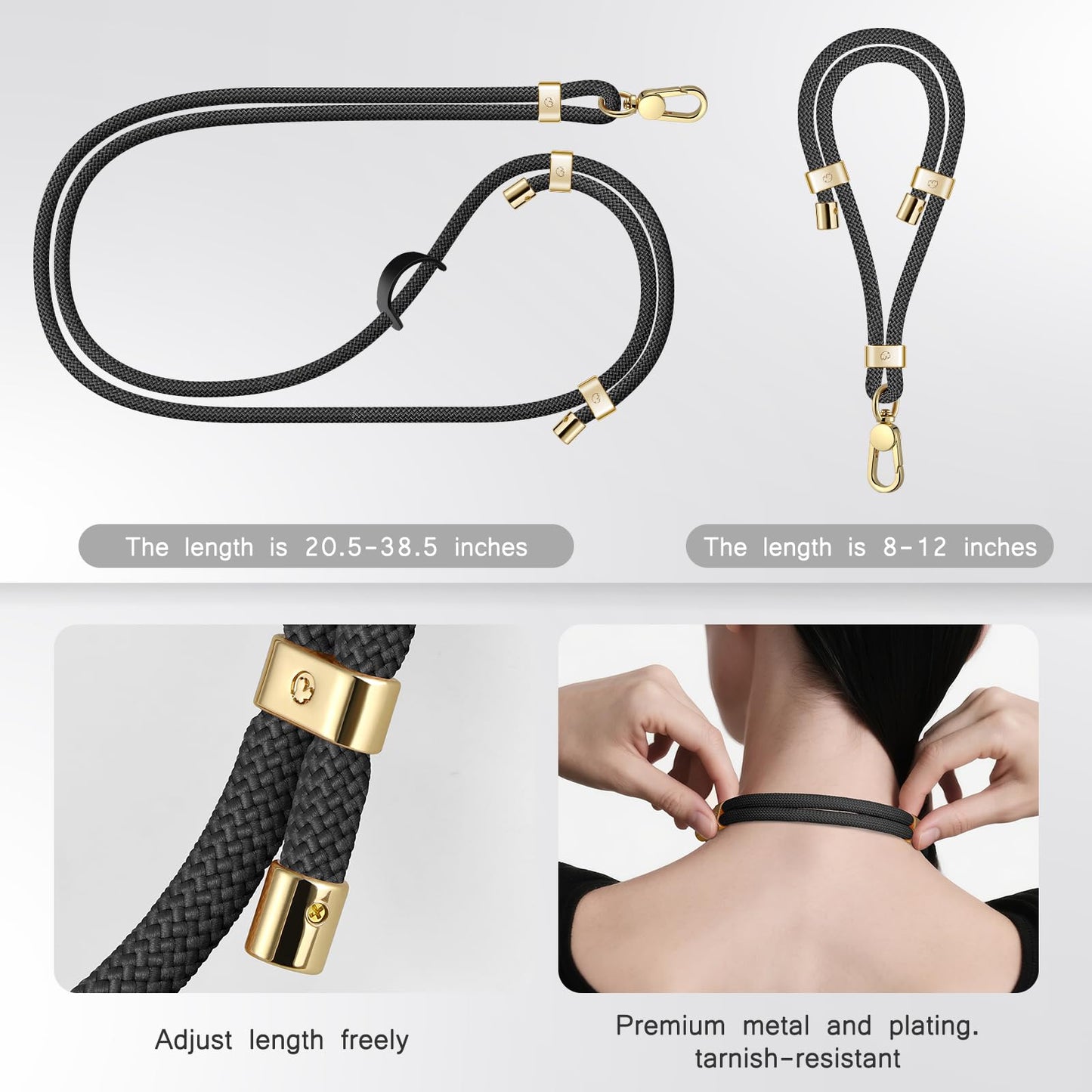 UKON Cell Phone Lanyard,Crossbody Lanyard and Wrist Strap Premium Metal Buckle Phone Charms with 2 X Phone Patch Compatible with All Smartphone(Black)