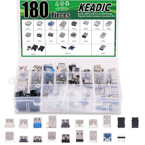 Keadic 180PCS Micro USB & USB 3.0 Male Female Jack Socket Connector Set: 150 Ports, 18 Different Sizes, Laptop, PC, Tablet & More