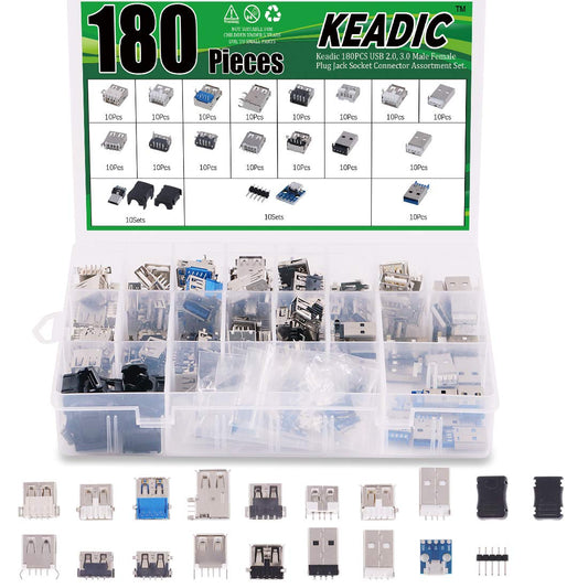 Keadic 180PCS Micro USB & USB 3.0 Male Female Jack Socket Connector Set: 150 Ports, 18 Different Sizes, Laptop, PC, Tablet & More