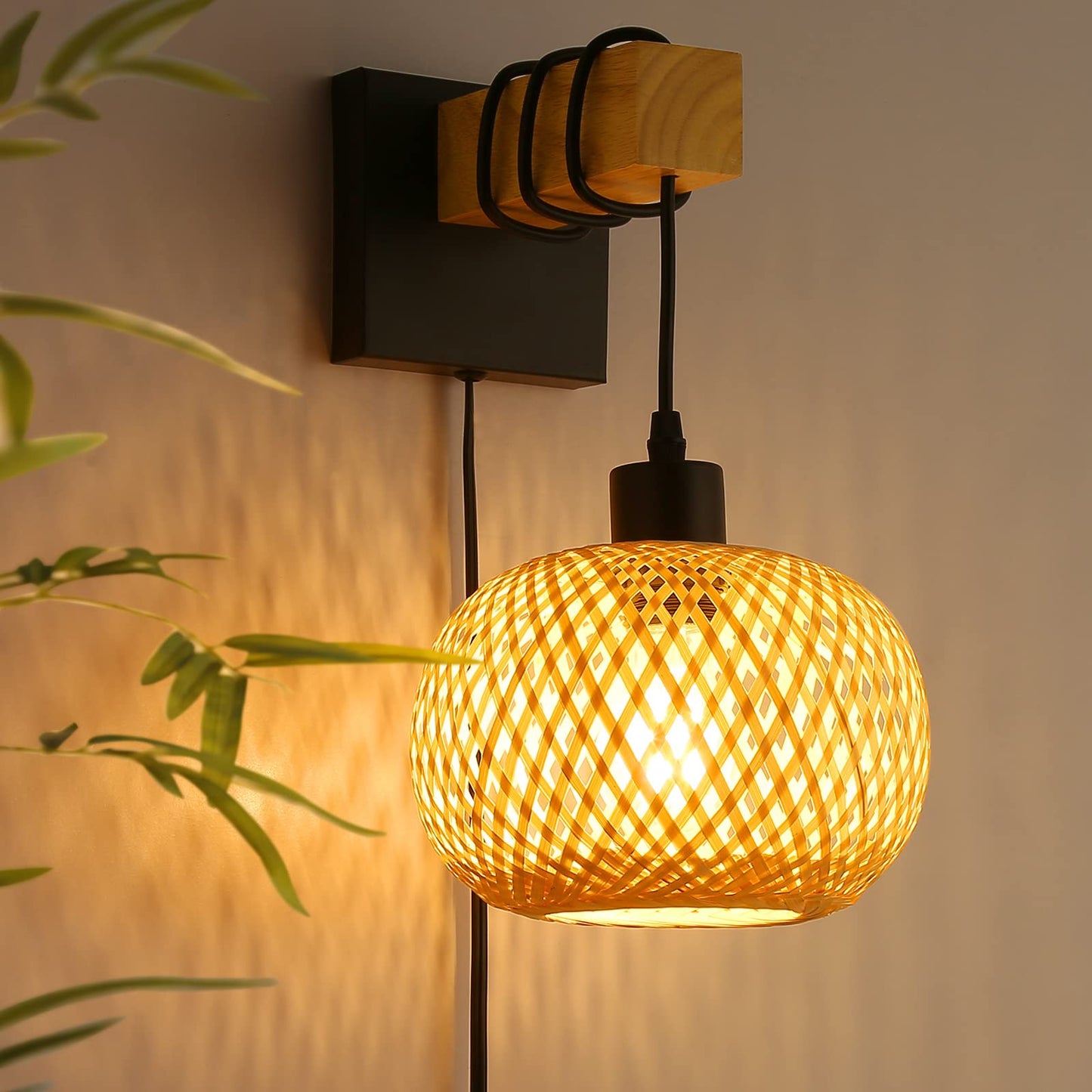 Farmhouse Rattan Plug in Wall Sconces, Rustic Hand-Woven Bamboo Shade & Wood Beam Wall Light Fixtures, Rattan Bamboo Wall Lamp for Bedroom Bedside