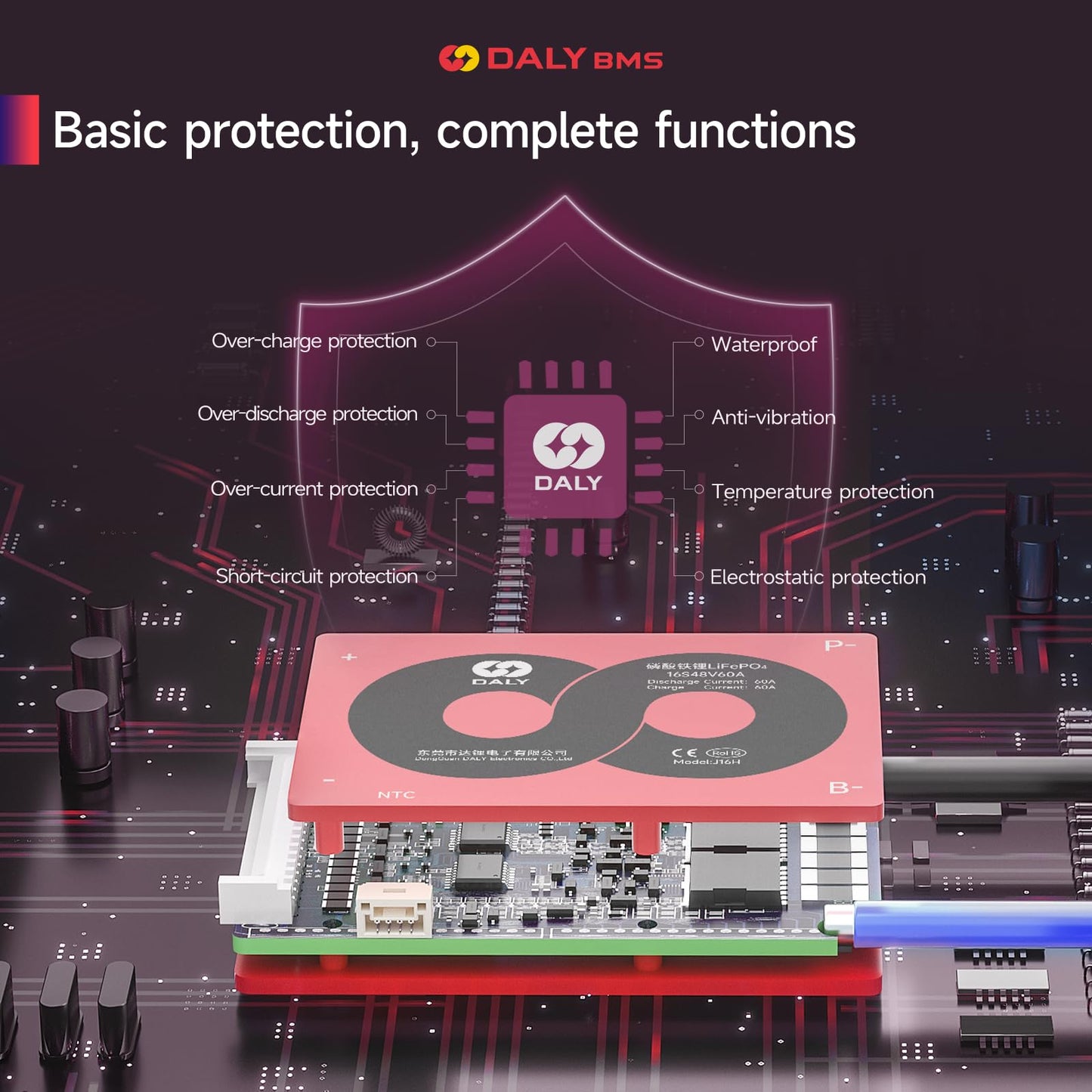 DALY 48V 16S BMS 60A Protection Board with Balance Wire and Temperature Sensor for Lithium Battery Pack