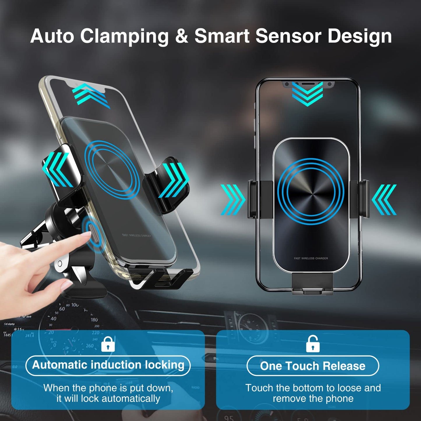 MOCA 15W Qi Wireless Car Charger, Fast Charging Auto-Clamping Car Mount, Windshield Dash Air Vent Phone Holder for iPhone 13 12 Mini 11 Pro Max