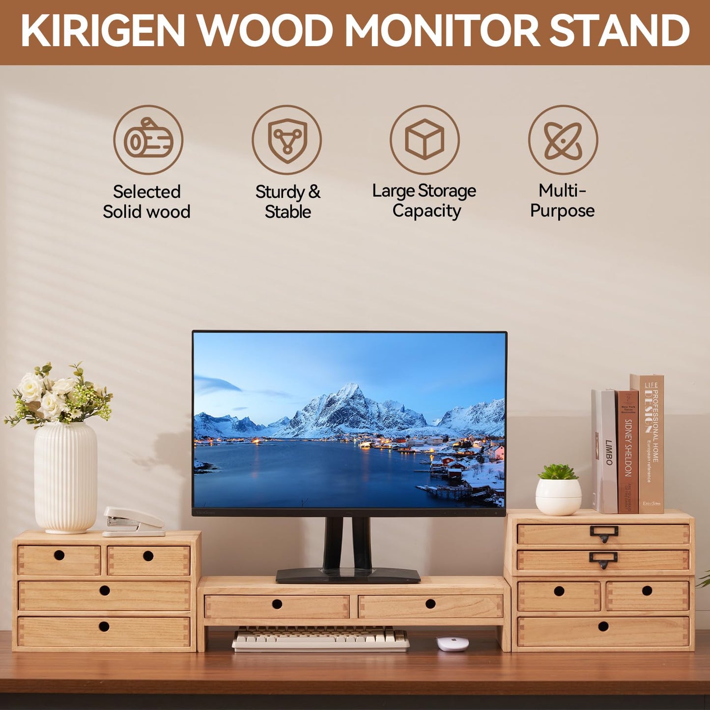 KIRIGEN Wood Monitor Stand with 2 Drawers - Computer Arm Riser Desk Storage Organizer,Speaker TV Laptop Printer Stand with Pen Slot and Cable