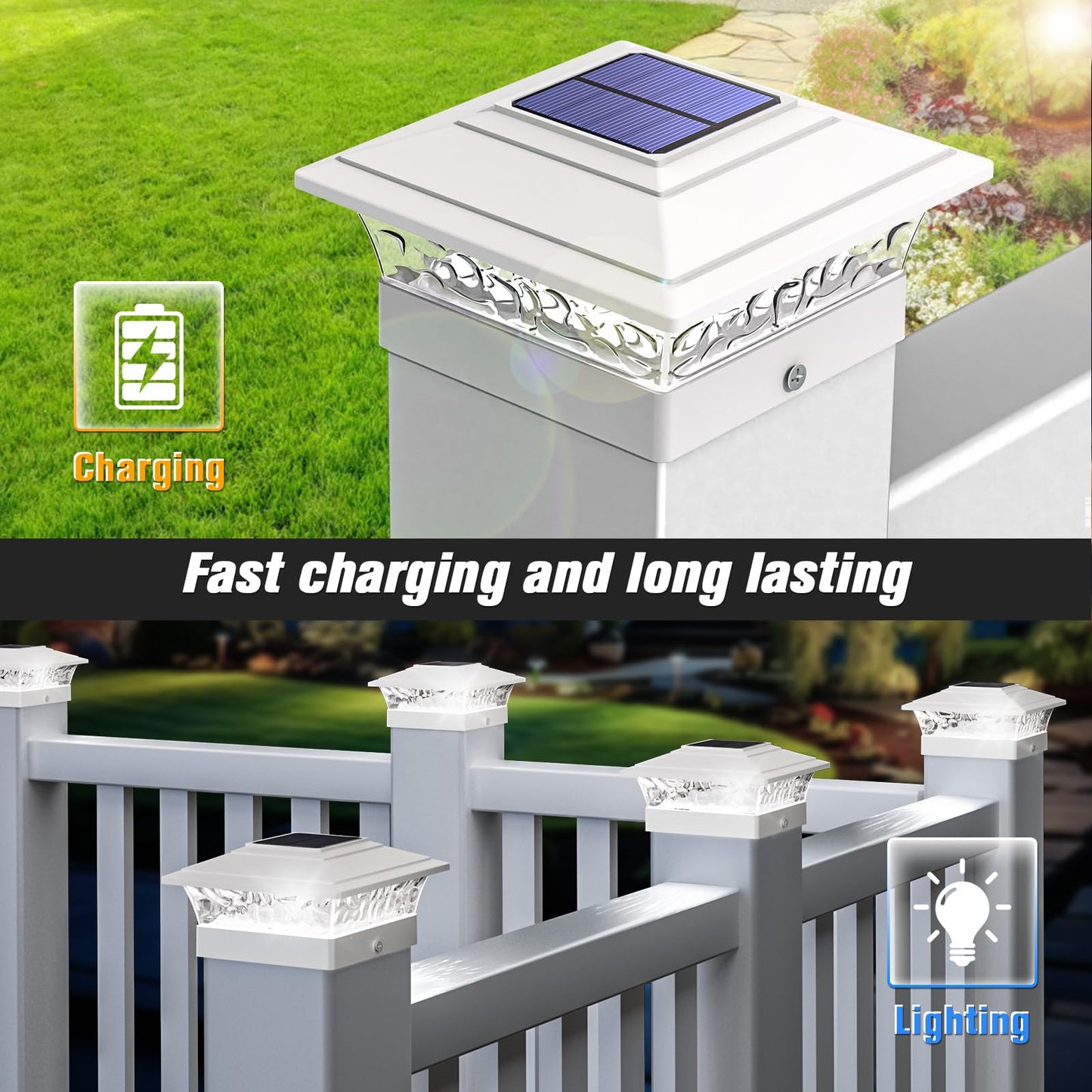 Solar Post Cap Lights Outdoor 6pack, Waterproof Solar Powered Deck Fence Post Lights Fit 4x4/5x5/6x6 Wood/Vinyl Posts, White Vinyl Fence Post lights