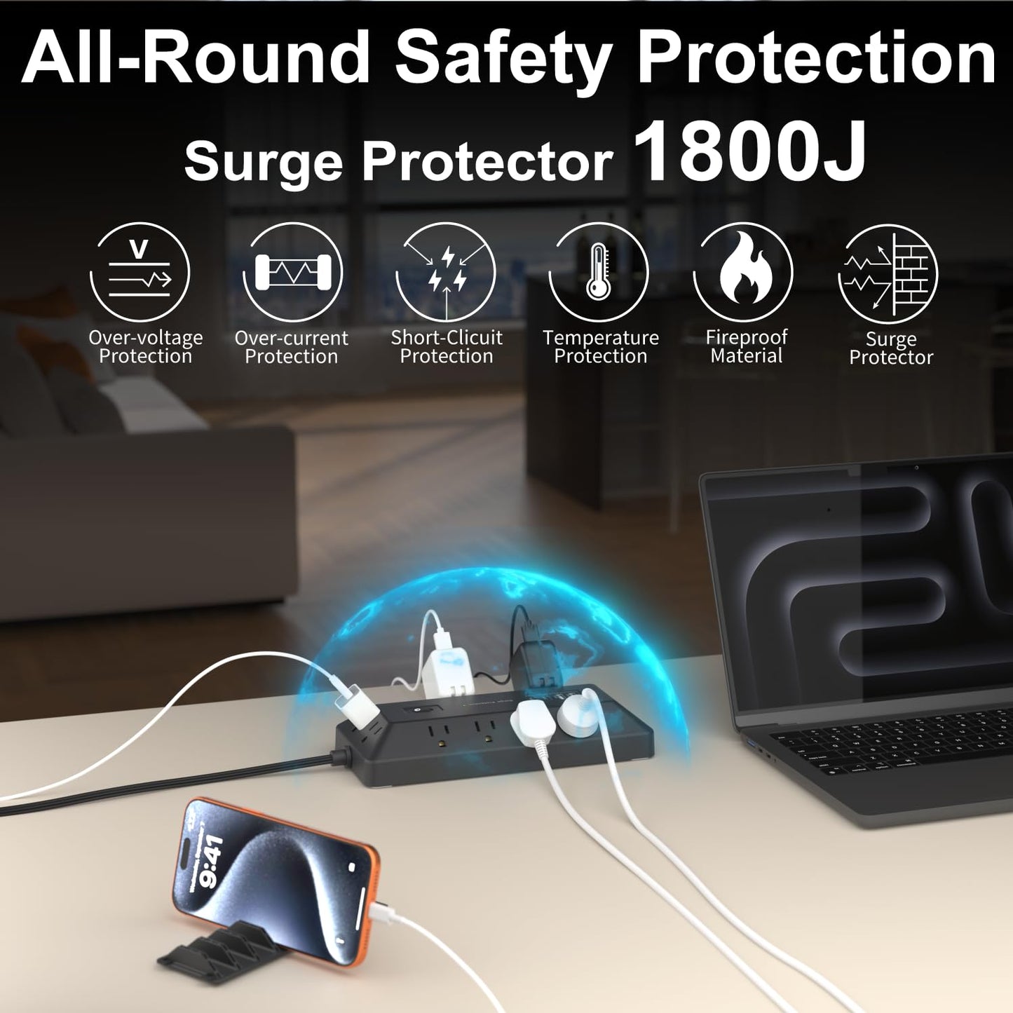 Surge Protector Power Strip with USB Ports, 12 Outlets 2 USB-C 2 USB-A, 6 Ft Flat Plug Extension Cord, Multi Plug Outlet as Charging Station for Desk