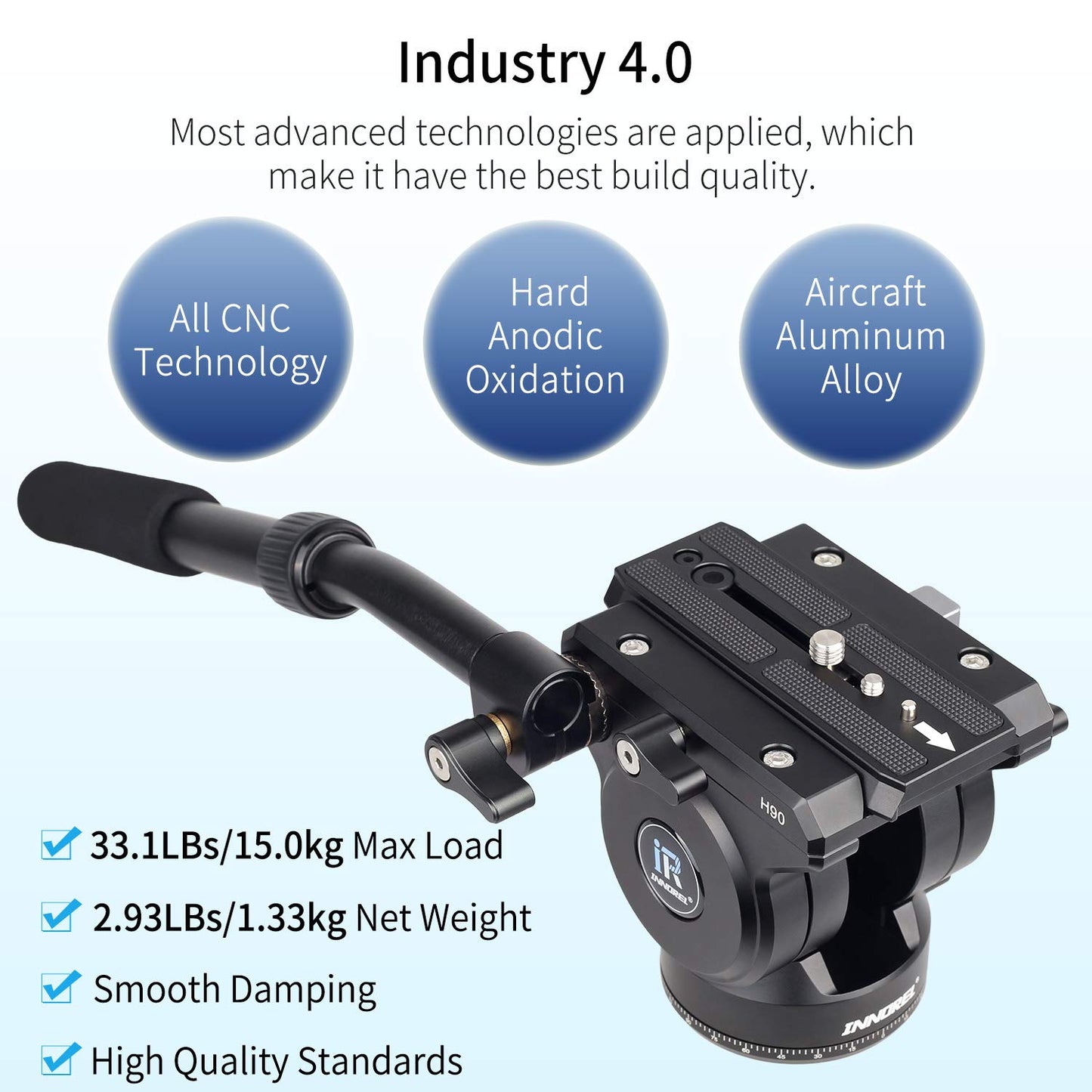 Video Fluid Head Tripod Drag Pan Head INNOREL H90 CNC All Metal Panoramic Tripod Head for DSLR Cameras Camcorders Tripod Monopod with 3/8" 1/4"