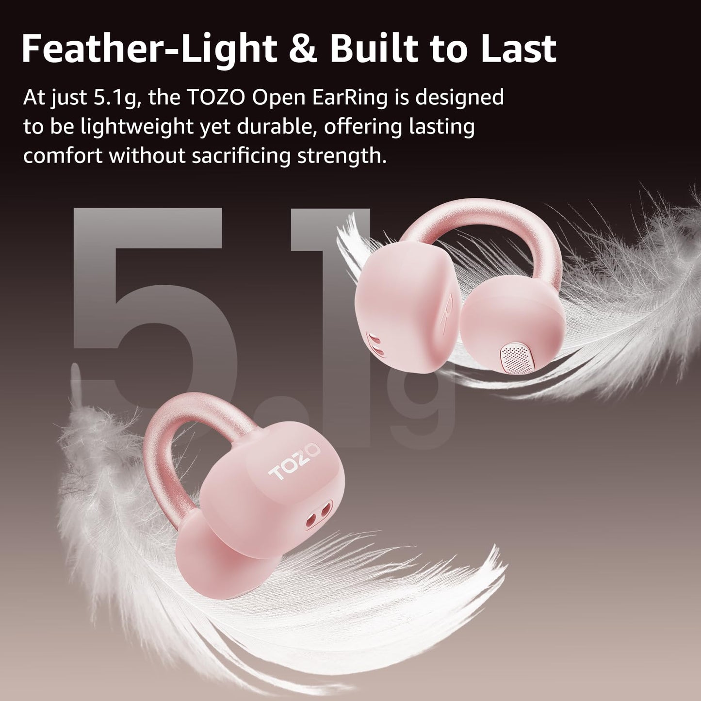 TOZO OpenEarRing True Open Ear Earbuds, Lightweight Comfort Open Ear Clip Wireless Earbuds, 40H Play Bluetooth 5.4 Headphones with Smart Digital