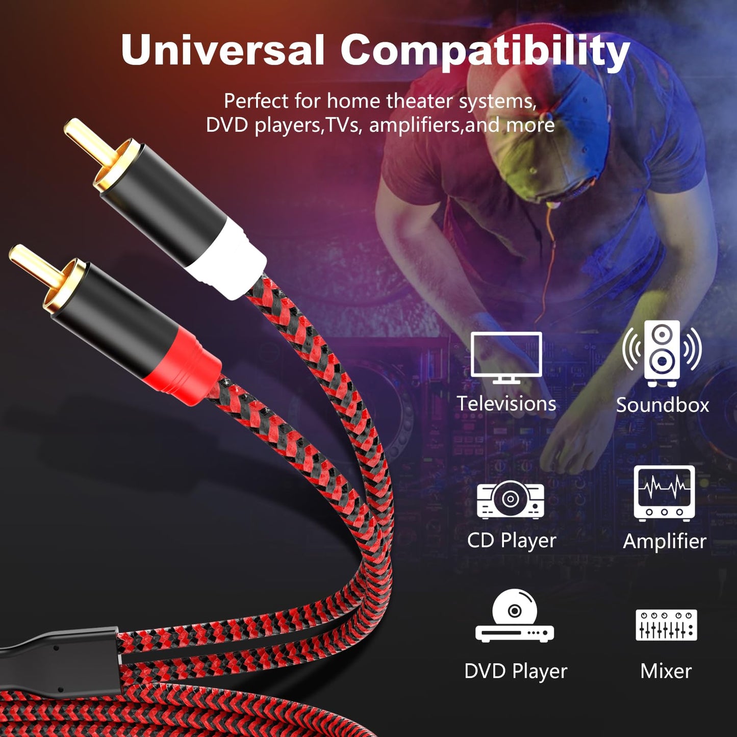 RCA Cable 3Ft,2Rca Male to 2-Rca Male Audio Stereo Subwoofer Cable [Hi-Fi Sound] Nylon-Braided Auxiliary Audio Cord for Home Theater, HDTV