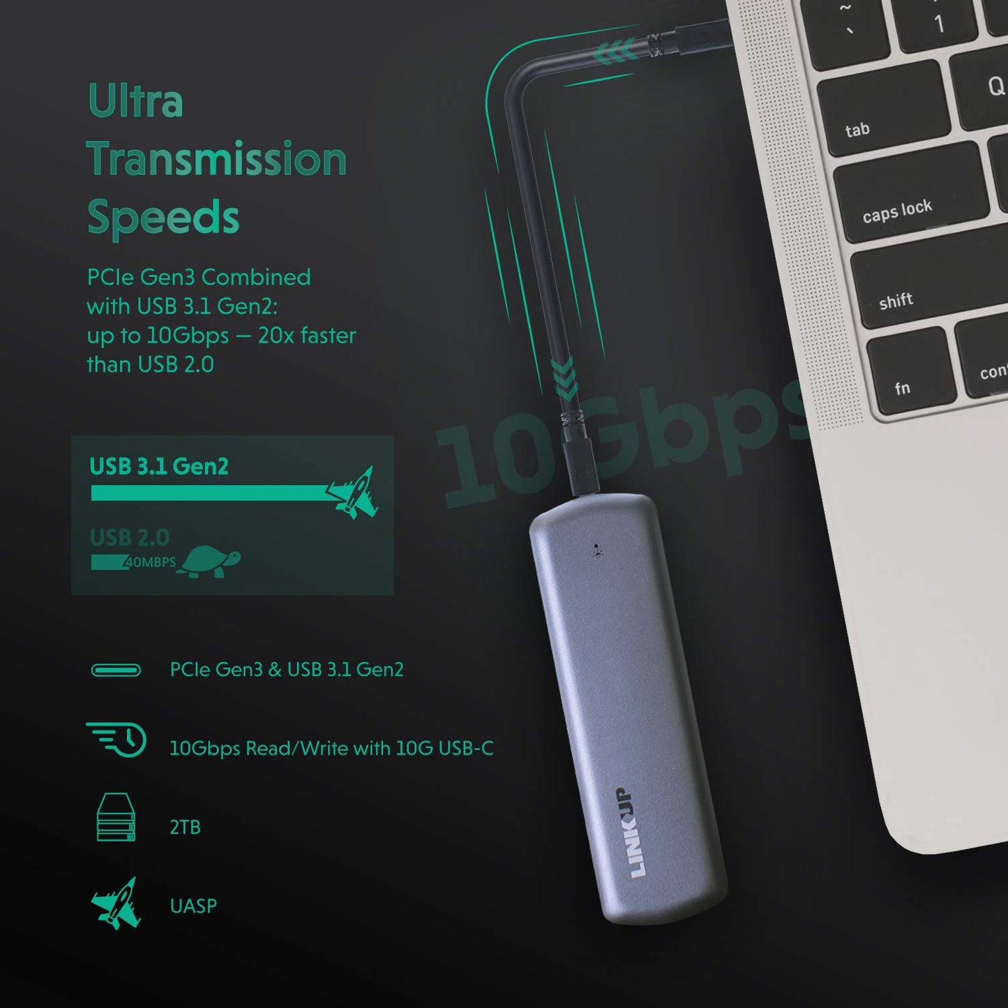 LINKUP - Premium Tool-Less NVMe SSD 10 Gbps Enclosure M.2 to USB-C | Aluminum USB 3.1 Gen 2 to PCIe Gen3 x2 Bridge Chip for Windows & Mac | Compatible