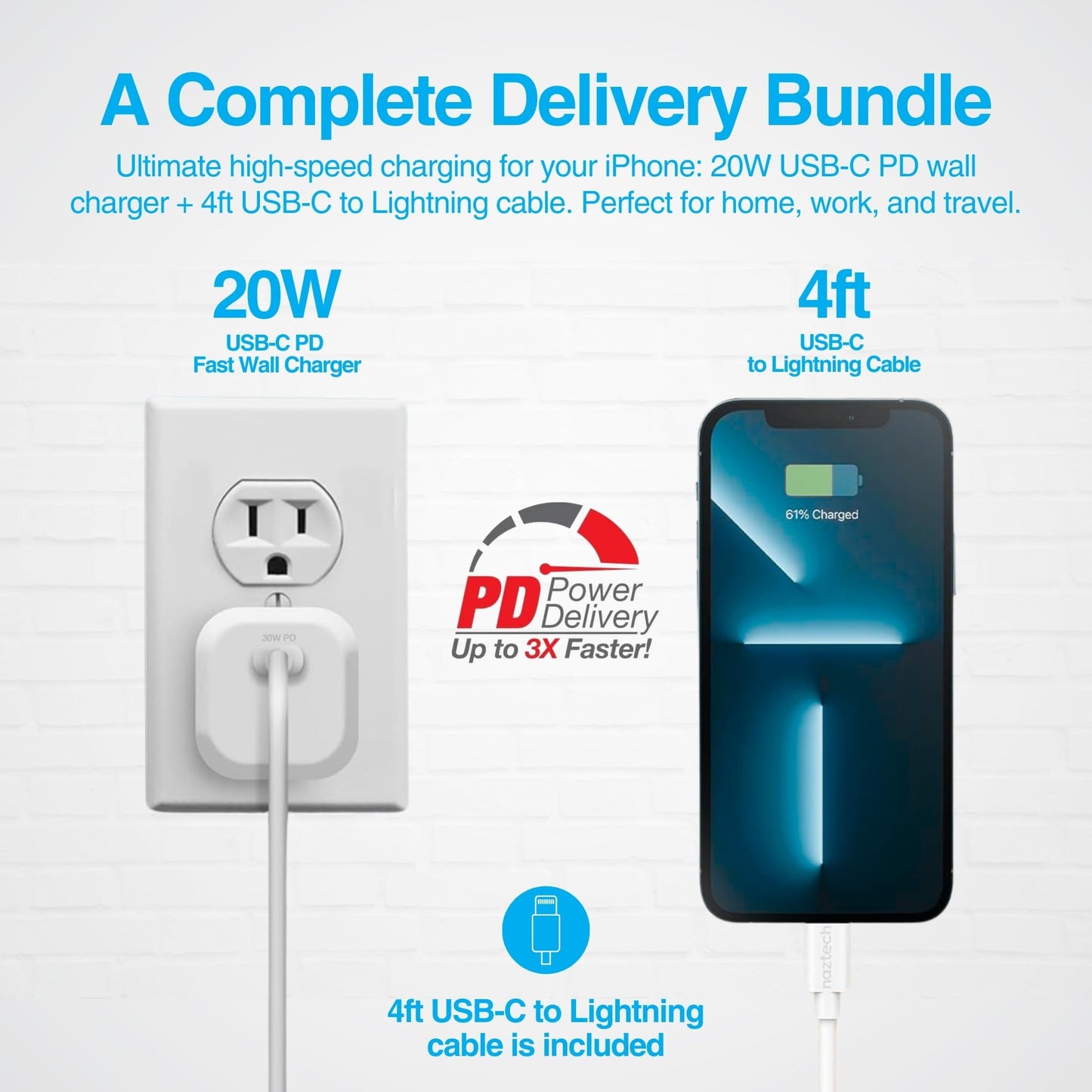 Naztech 20W Lightning Charger iPhone 14 Charger Fast Charging Block w/ 4ft USB-C to Lightning Cable Quick Rapid Charging for iPhone 11, 12, 13 14 Pro