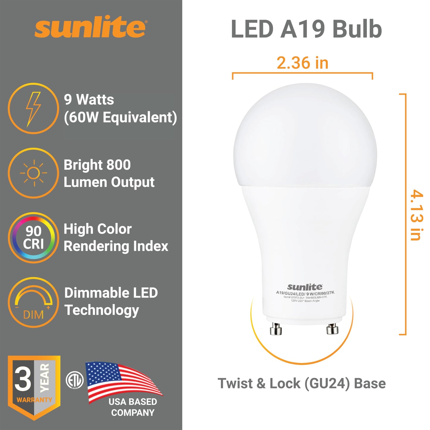 Sunlite A19 GU24 Dimmable Light Bulb, 9 Watts (60W Equivalent) 800 Lumens, 2 Prong LED Twist and Lock Base, 90 CRI, ETL Rated for Enclosed Fixtures