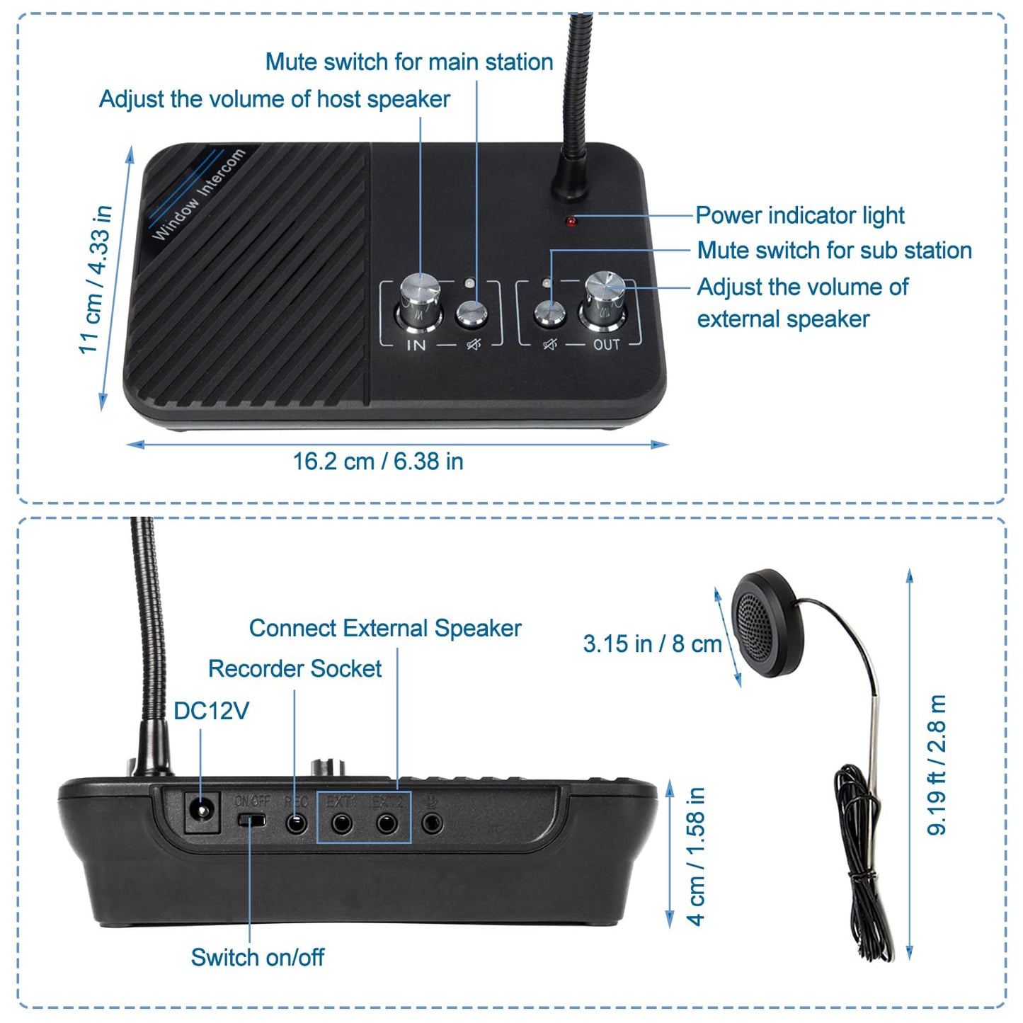 KOQICALL Window Speaker Intercom System, Window Intercom, Anti-Interference Dual Way Intercommunication Microphone and Speaker Interphone Mute