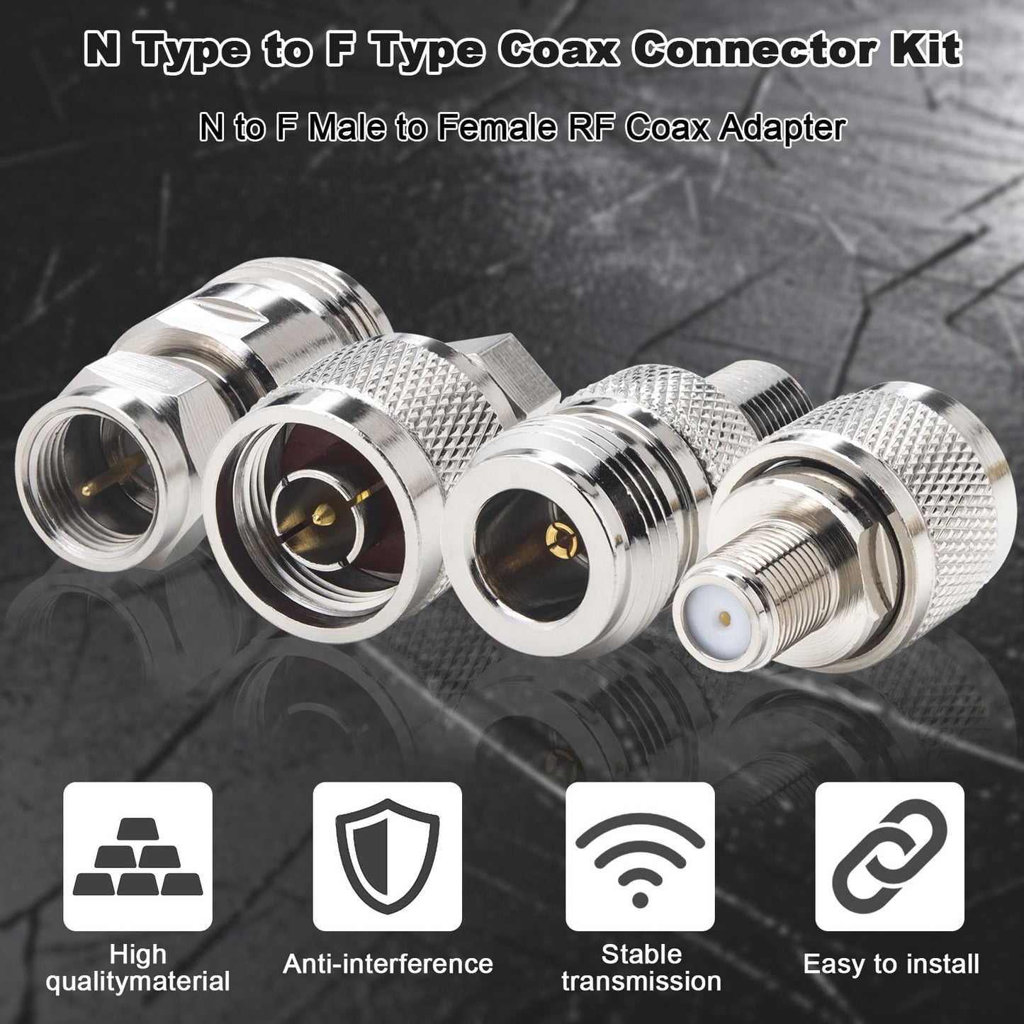 Kaunosta N to F Coax Adapter Kit (4-Pack) - Premium Nickel-Plated Brass RF Connector for TV Antenna RG6 Cable Extension, N Male/Female to F