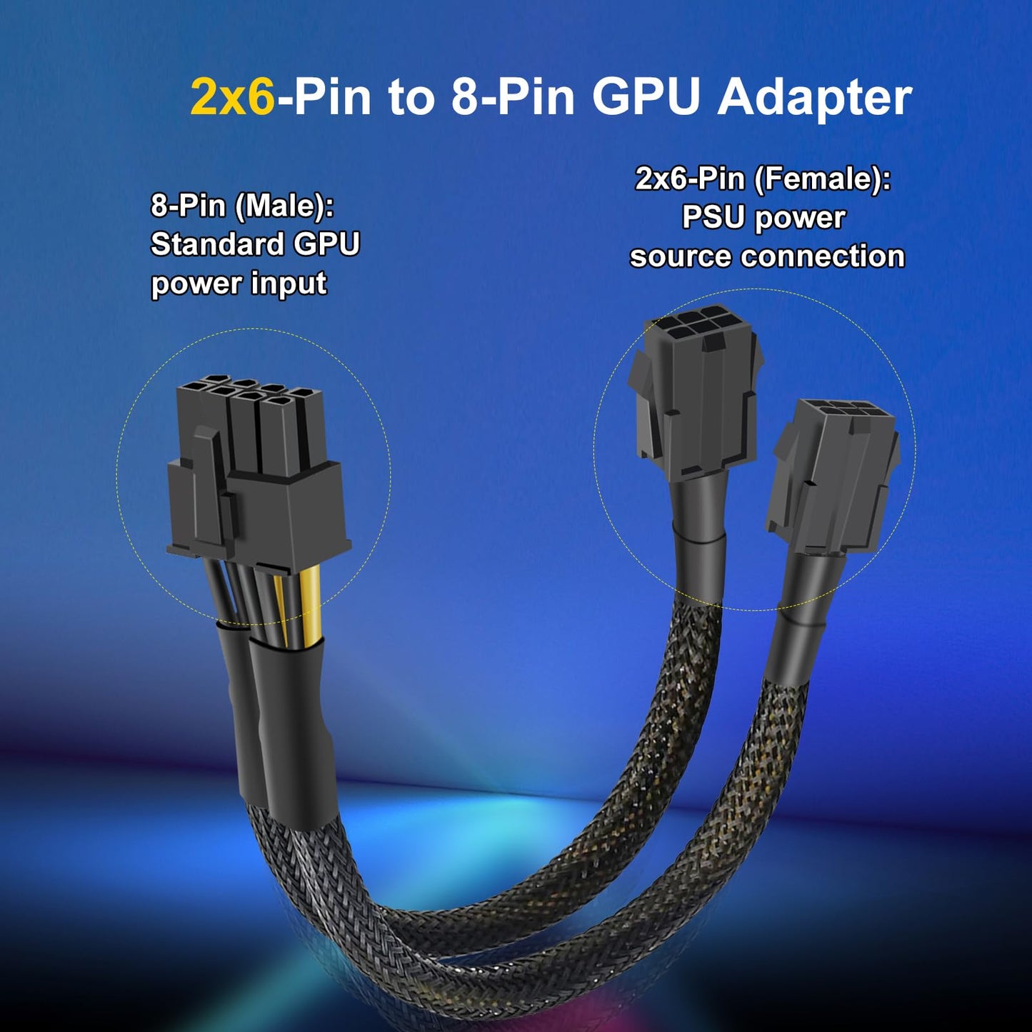 YSIUENG 2-Pack 6 Pin to 8 Pin GPU Adapter, Dual 6 Pin Female to 8 Pin Male GPU Power Sleeved Cable for GPUs - 9.5Inches(24cm)