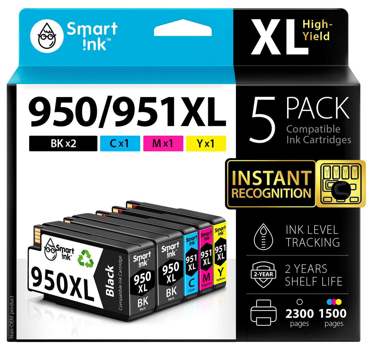Smart Ink Compatible Ink Cartridges Replacement for HP 950XL 951XL 950 XL 951 XL 5 Pack Combo (2 Black & 1 Cyan 1 Magenta 1 Yellow) for HP Printer