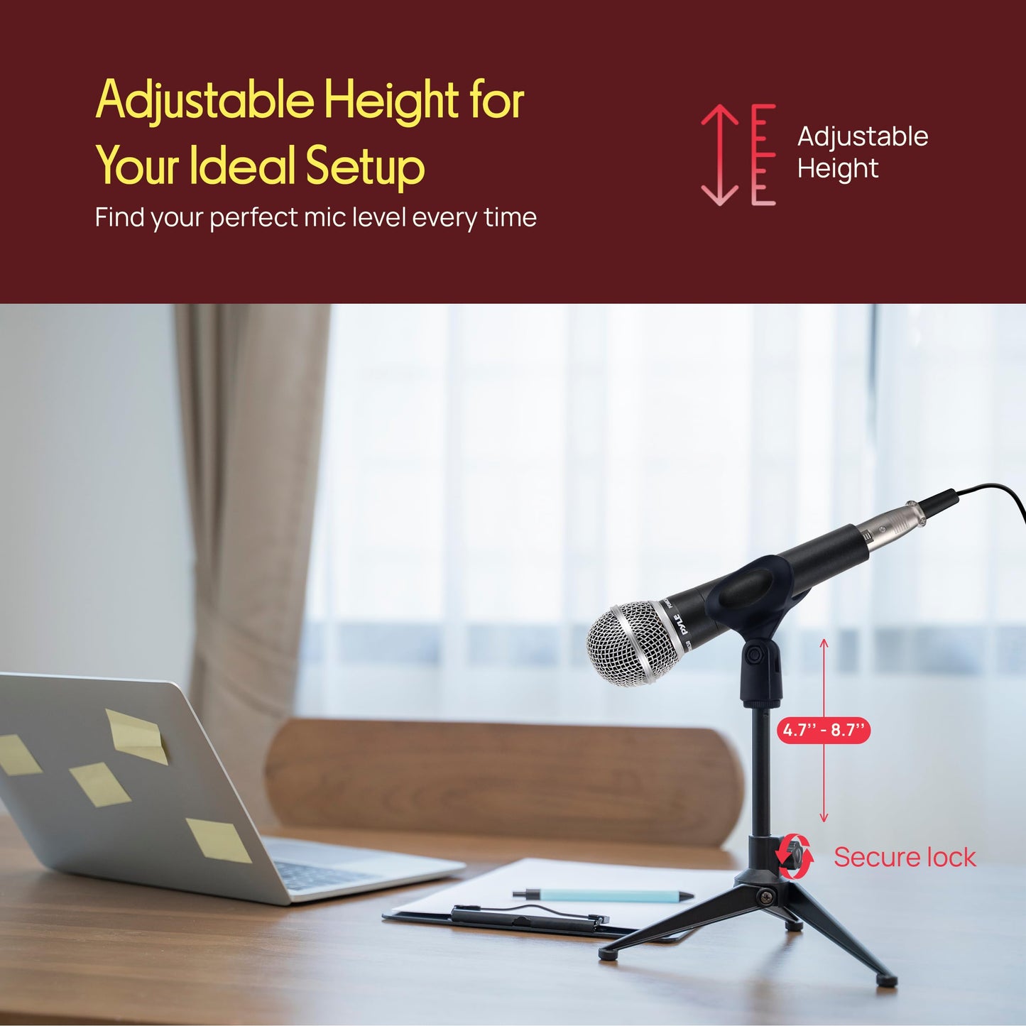 Pyle Desktop Microphone Stand - Heavy Duty Die-Cast Metal Tripod - Adjustable height 4.7” to 8.7” H, Heavy Duty Clutch Supports up to 5 Lbs. - Ideal