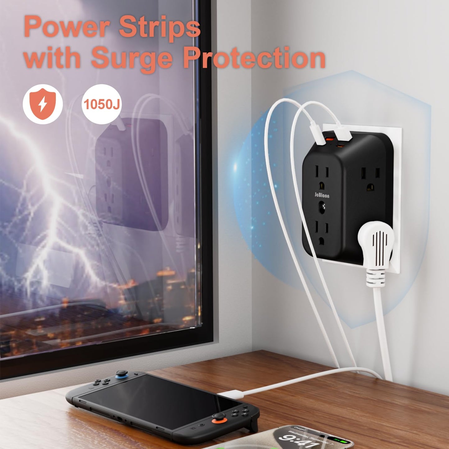 USB Wall Charger Electrical Outlet Extender, Surge Protector, 6 Outlet Splitter with 4 USB Outlet (2USB A, 2USB C) 4-Sided 1050J Power Strip Multi