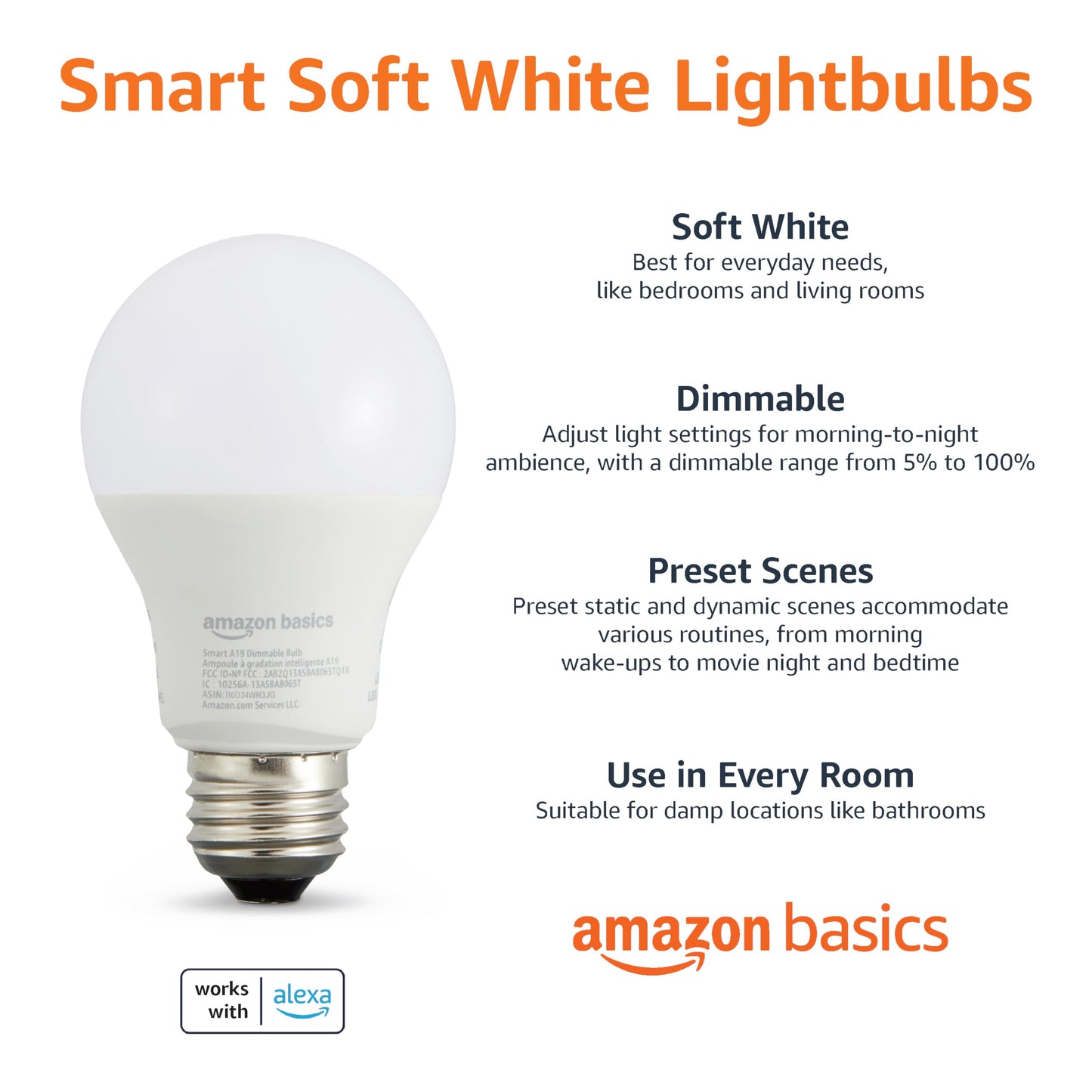 Amazon Basics Smart A19 LED Light Bulb, Dimmable Soft White (2700K), 9W (60W Equivalent), 800LM, Energy Efficient, Works with Alexa Only, 2.4 GHz