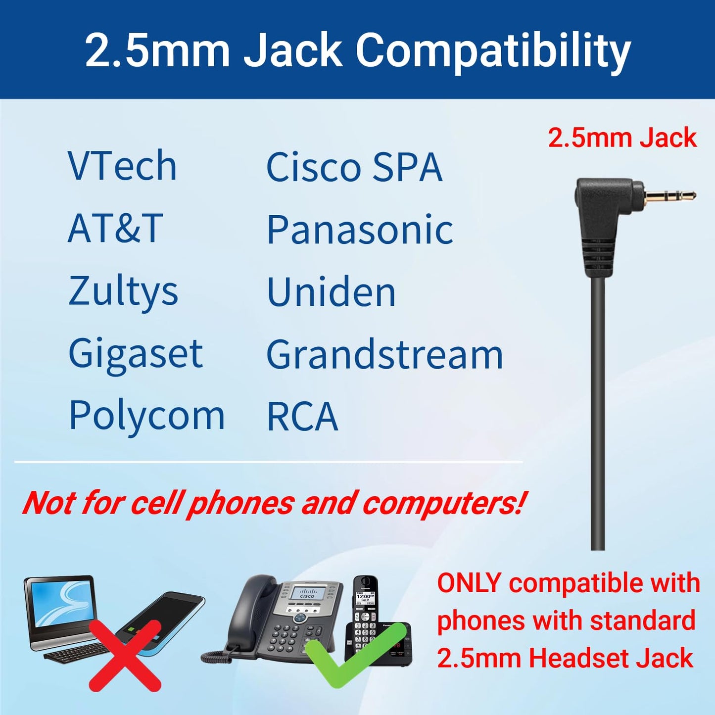 2.5mm to QD Adapter Cable for Plantronics Quick Disconnect Headsets Compatible with Panasonic Dect6.0 AT&T ML17929 VTech Uniden Polycom Cisco SPA RCA