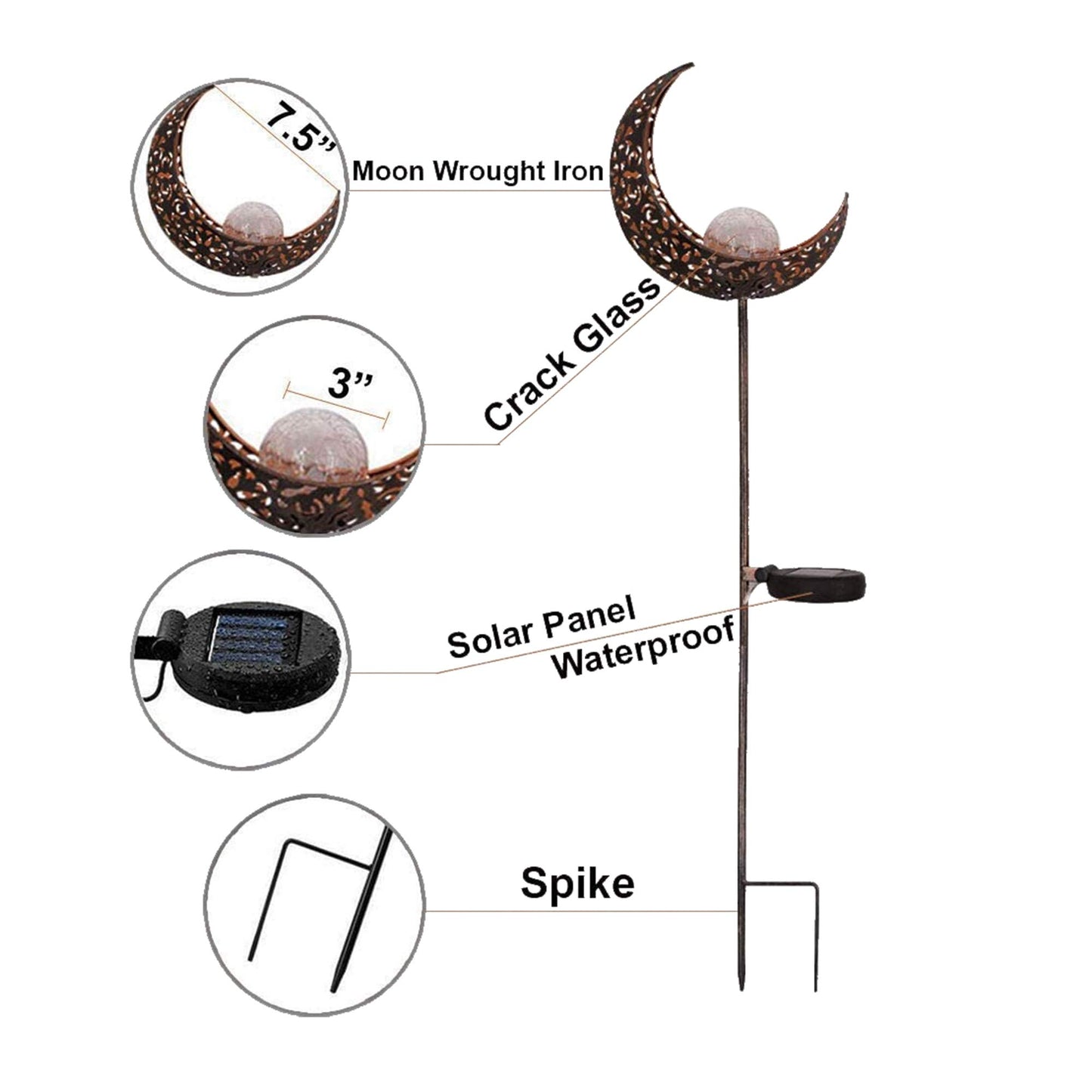 HDNICEZM Solar Garden Light Outdoor Decorative, Moon Decor Crackle Glass Globe Garden Stake Metal Lights?Waterproof Warm White LED for Pathway, Lawn