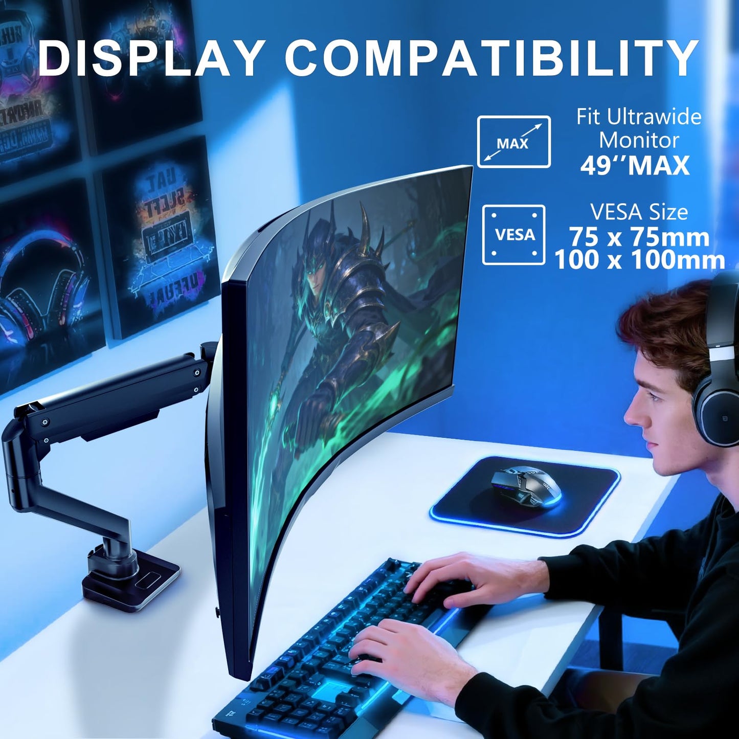 WALI Single Monitor Desk Mount, Heavy Duty Monitor Arm for Ultrawide Screen up to 49 inch, 44 lbs with USB. Fully Adjustable, Mounting Holes 75