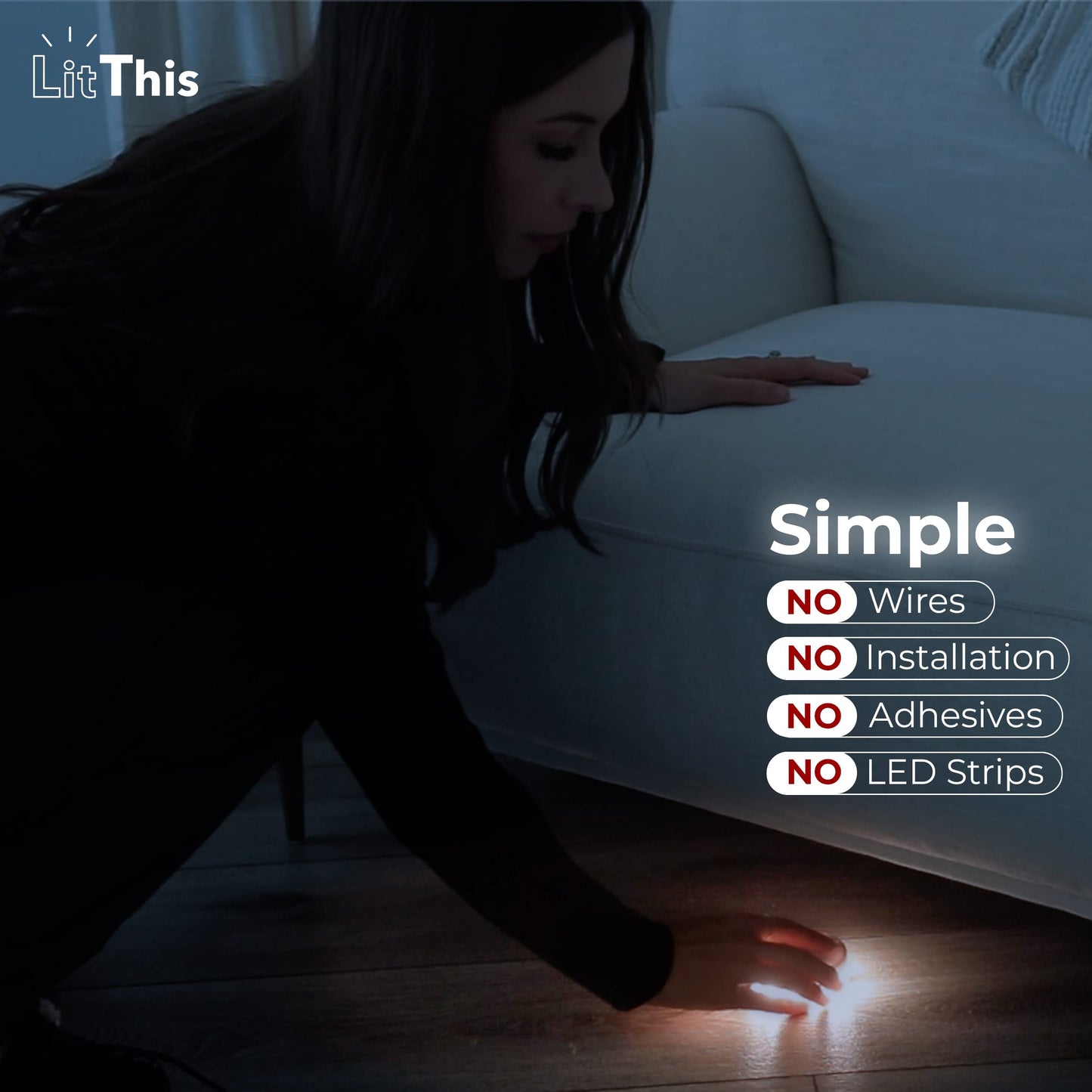 LitThis Under Bed Lights Motion Sensor Patented 360° motion activated night light for under bed light. - No Installation, easily positioned, dimmable