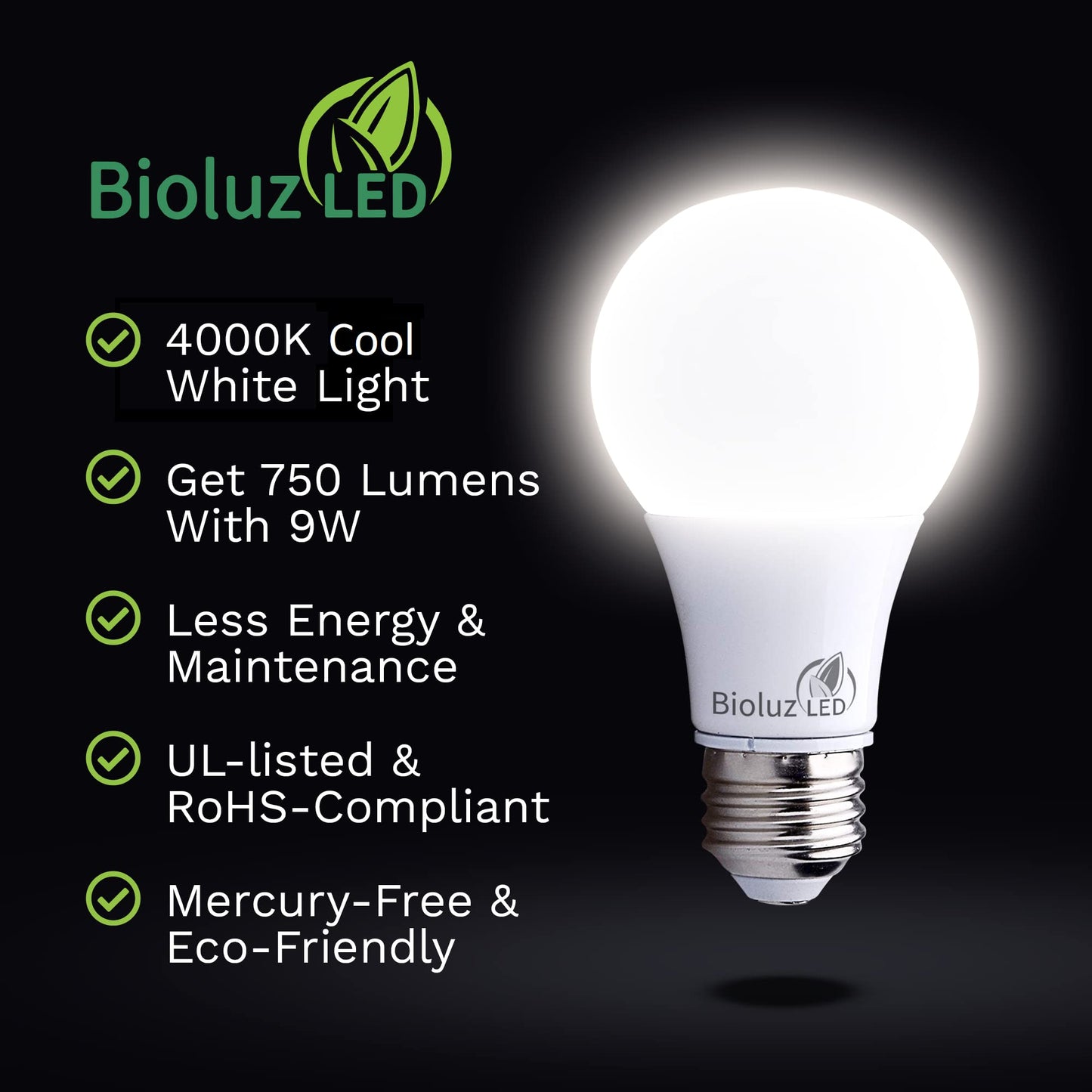 Bioluz LED Lights for Bedroom, Equivalent to 60 Watt Led Bulbs, 4000K Cool White, 9W Non-Dimmable A19 LED Light Bulbs, Home Decor LED Lightbulb, 12