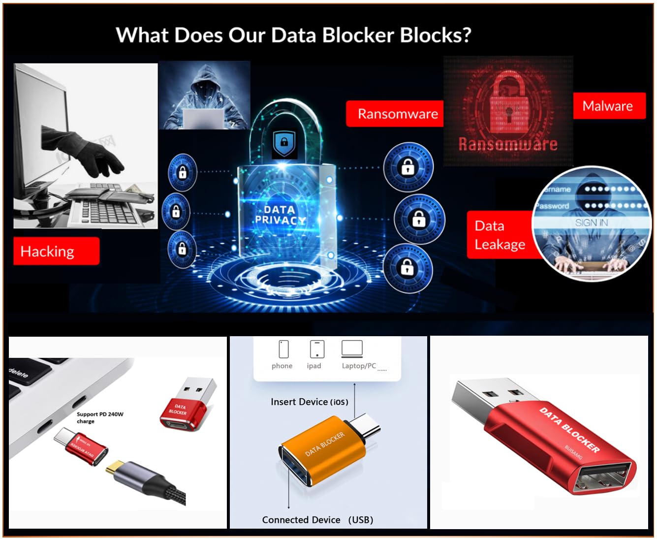 BUISAMG Data Blocker Adapter & USB C Data Blocker, A to A & A to C & C to C & C to A Only for Charge, Protect Against Juice Jacking,for iPhone 15 16…