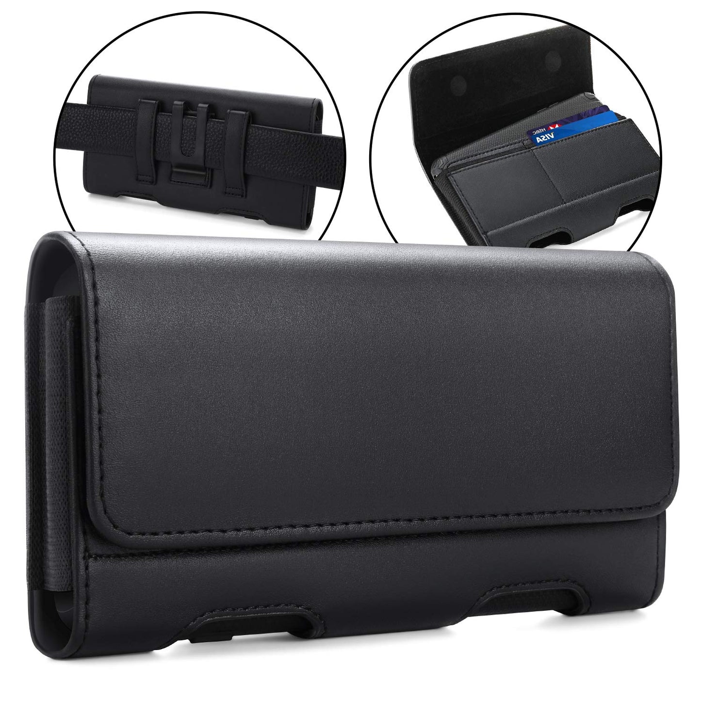 BECPLT Leather Holster Pouch with ID Card Holder, Belt Clip Case for iPhone 13 Mini, 12 Mini, 8, 7, 6s, 6, Galaxy S10e (Fit with Thin Case on)