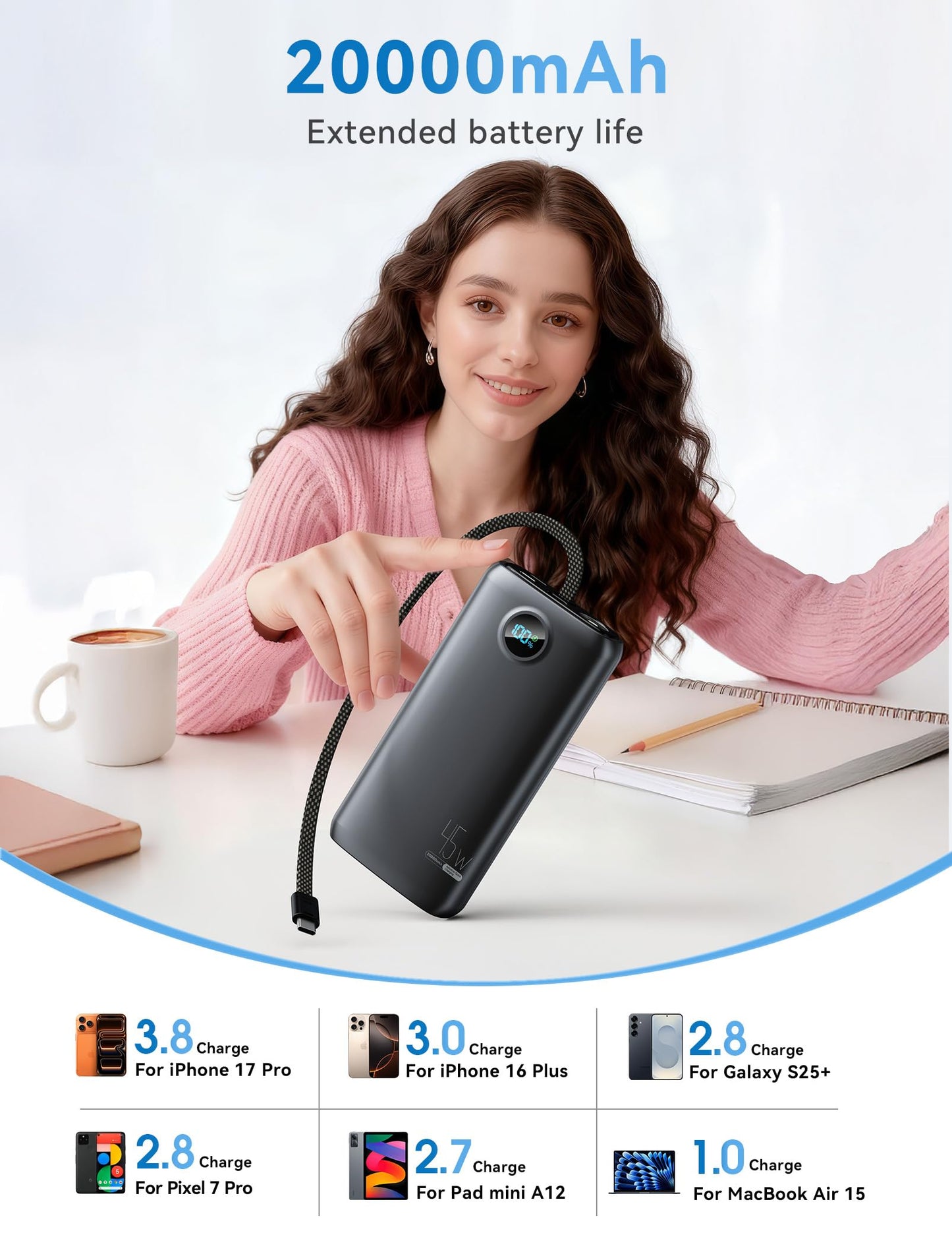 DIAMUAR Portable Charger 20000mAh 45W, Built in USB C Cable, 3W Flashlight